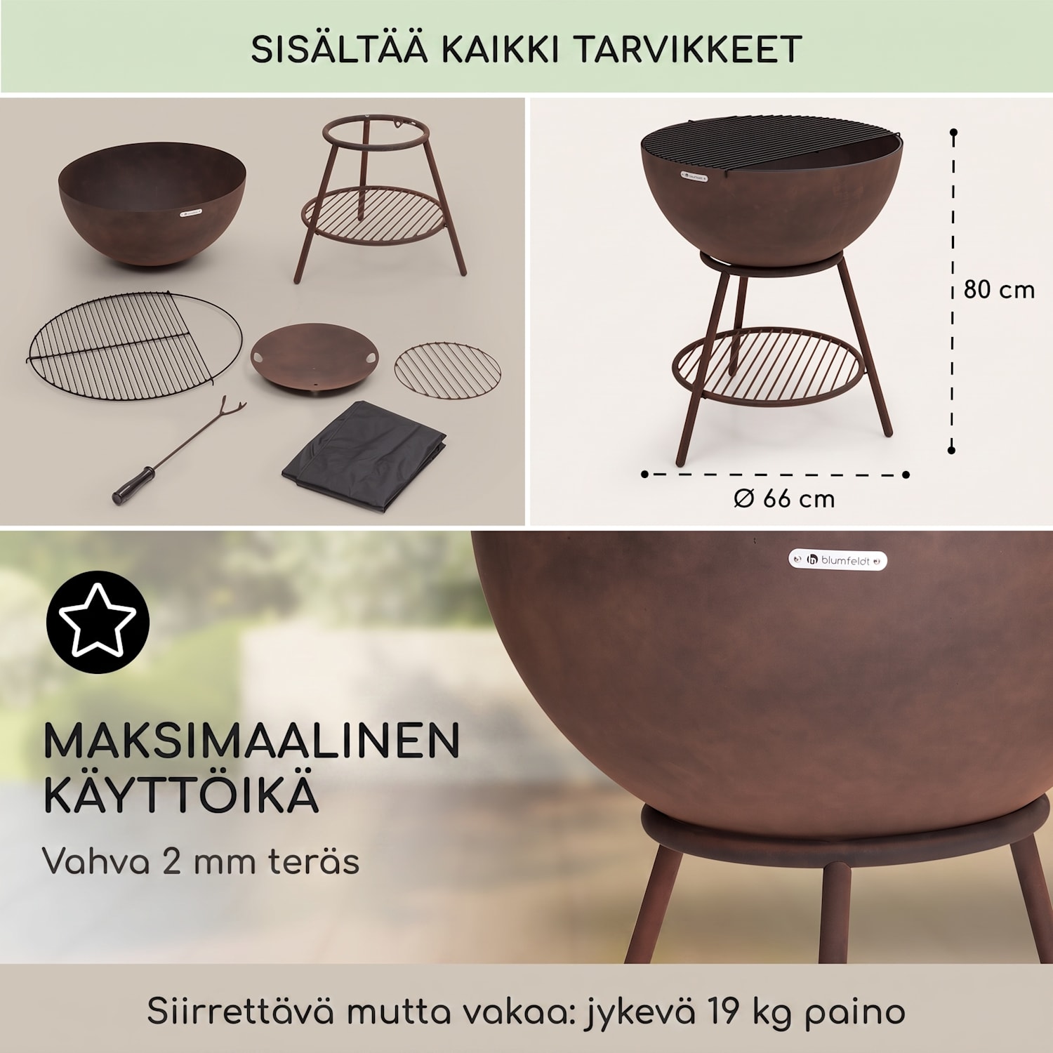 Azuma tulikulho Ø 66 cm 2 mm hiili- ja grilliritilä, sadesuoja ja tulisijan tarttujan koukku Seisomassa | Teräs | Ruoste
