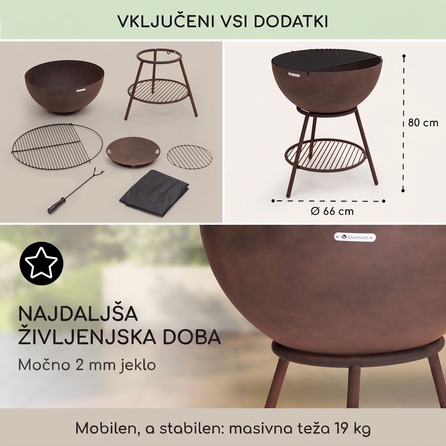 Azuma, ognjišče, Ø 66 cm, 2 mm, rešetka za oglje in žar, pokrov za dež in grebljica Stoji | Jeklo | Rjasta
