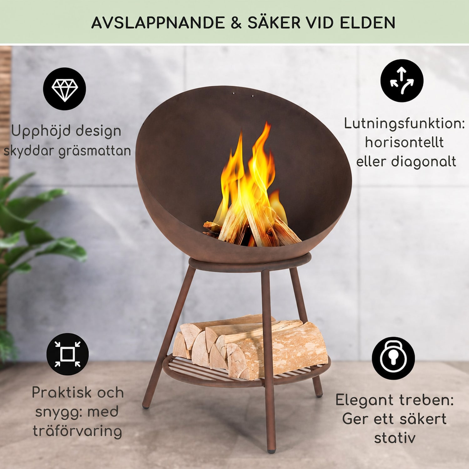 Azuma Eldfat Ø 66 cm 2 mm med kol- och grillgaller, regnskydd och eldgaffel Stående | Stål | Rost
