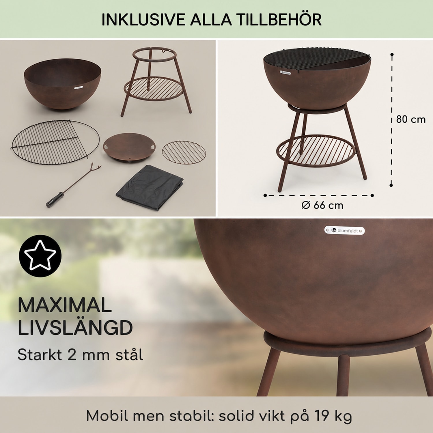 Azuma Eldfat Ø 66 cm 2 mm med kol- och grillgaller, regnskydd och eldgaffel Stående | Stål | Rost