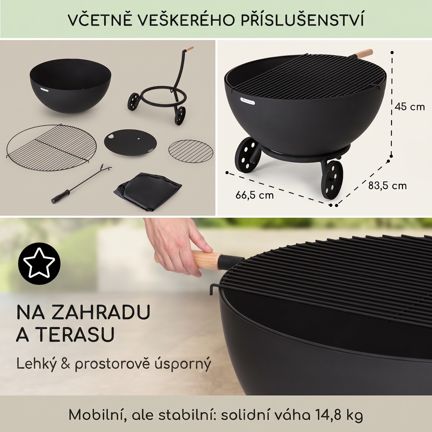 Fireball Egon, ohniště, Ø 66 cm, na zahradu či terasu, ochranný kryt, ocel nízké s koly | Ocel | Černá