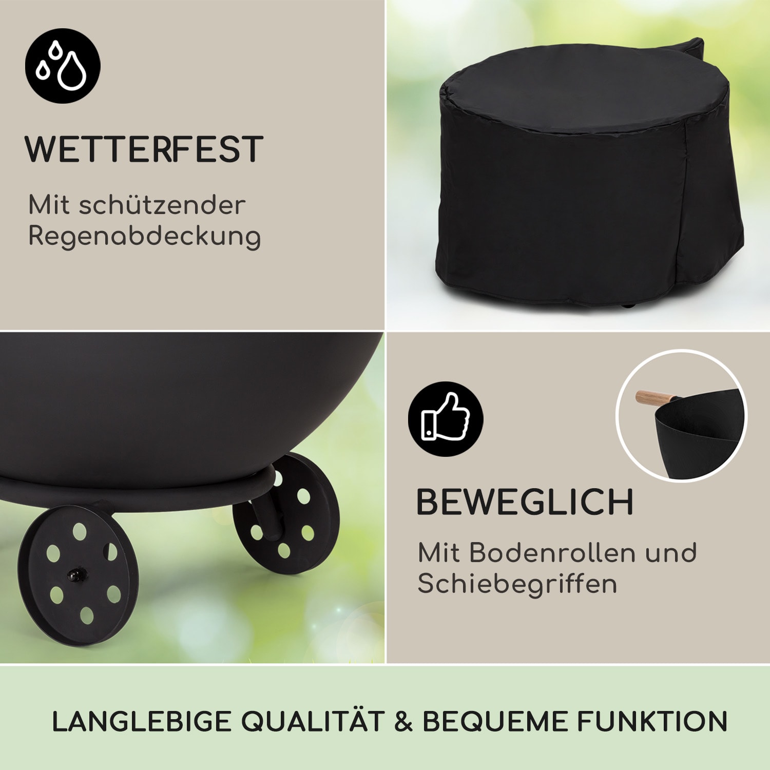 Fireball Egon Stahl-Feuerschale Garten Ø66cm Grill Regenschutz Niedrig mit Rädern | Stahl | Schwarz