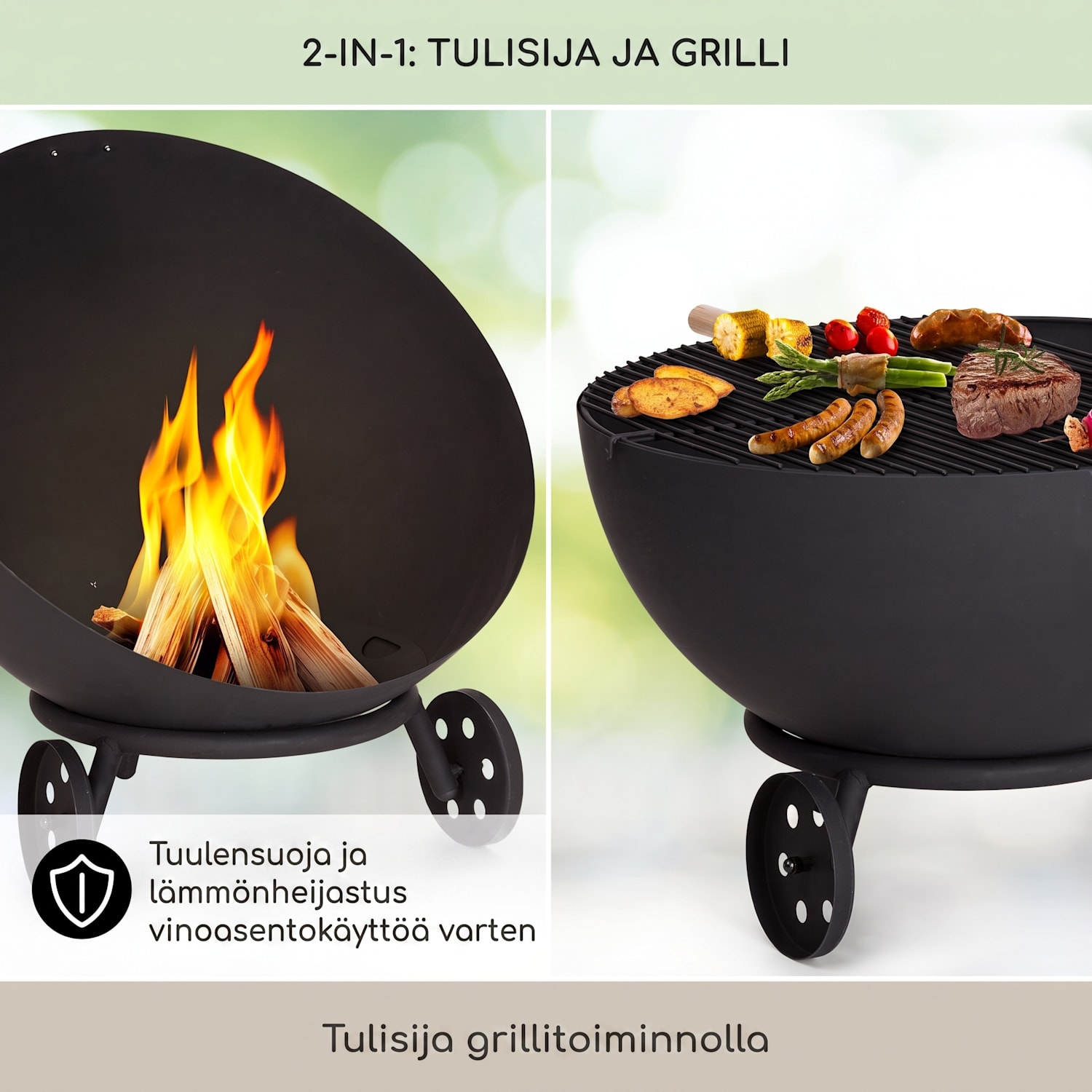 Fireball Egon teräksinen tulisija puutarhaan Ø66cm grilli ja sadesuoja matala pyörillä | Teräs | Musta