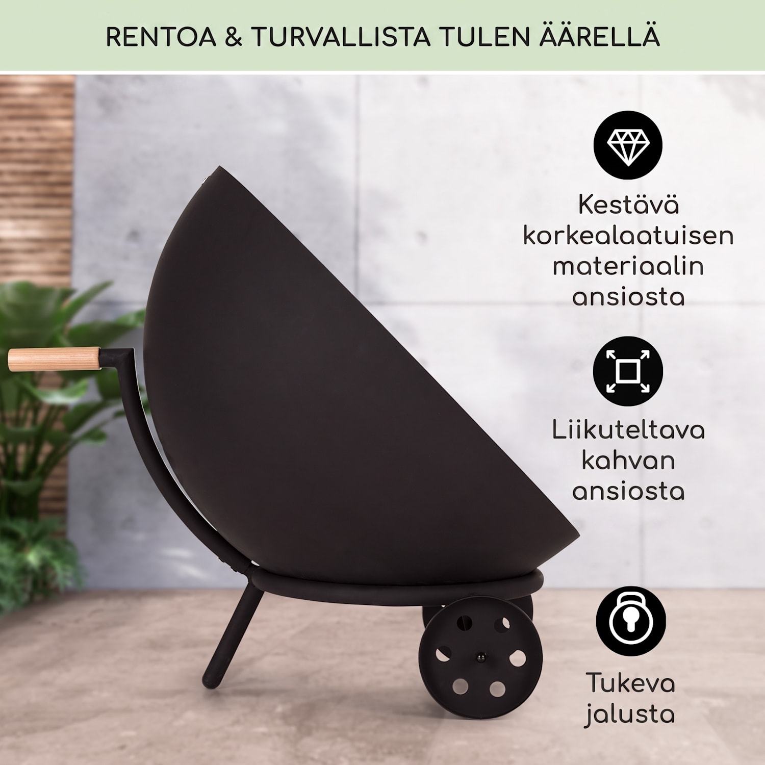 Fireball Egon teräksinen tulisija puutarhaan Ø66cm grilli ja sadesuoja matala pyörillä | Teräs | Musta