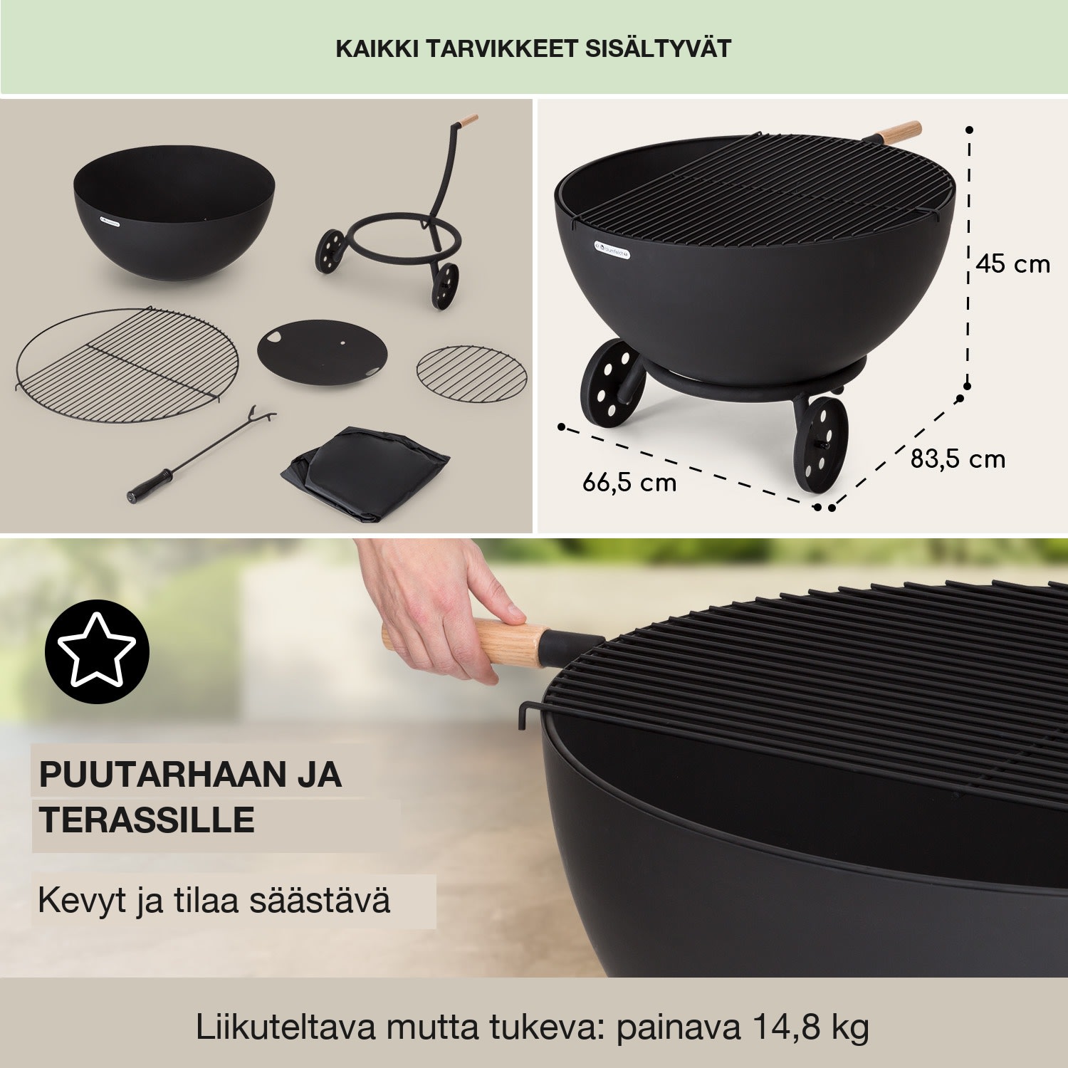 Fireball Egon teräksinen tulisija puutarhaan Ø66cm grilli ja sadesuoja matala pyörillä | Teräs | Musta