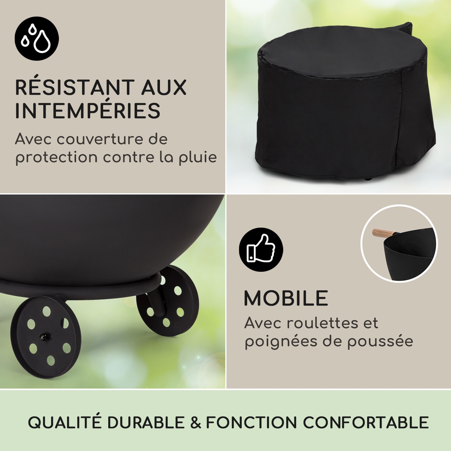 Fireball Egon acier brasero jardin Ø66cm grille protection pluie bas avec roues | Acier | Noir