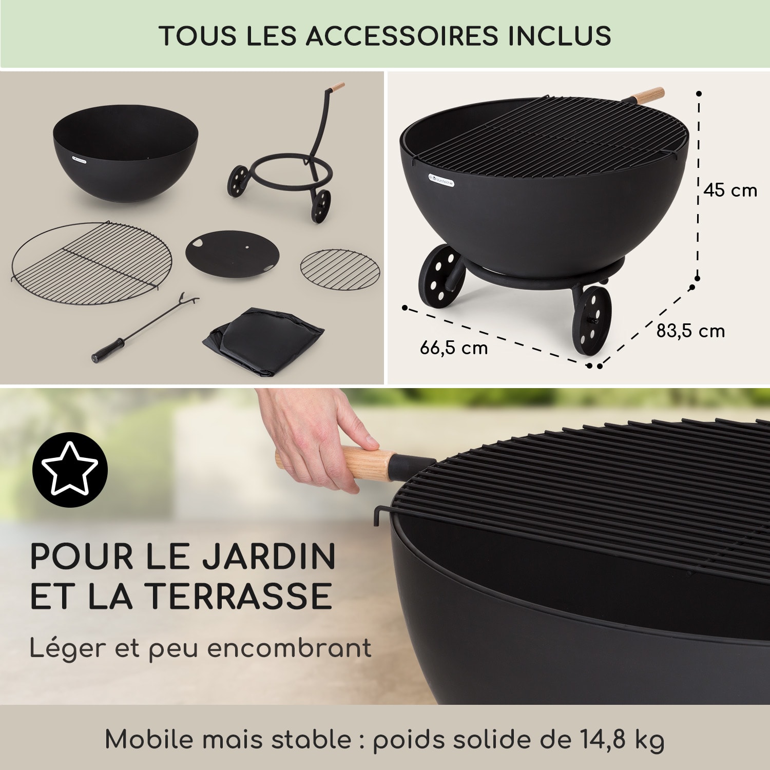 Fireball Egon acier brasero jardin Ø66cm grille protection pluie bas avec roues | Acier | Noir