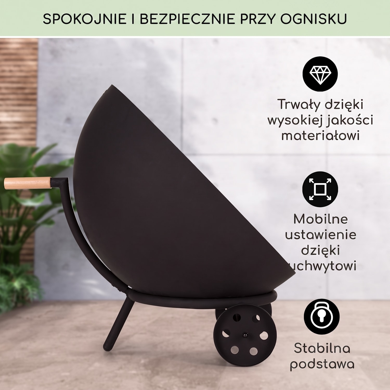 Fireball Egon, palenisko ogrodowe, Ø 66 cm, stal, ruszt grillowy, pokrowiec przeciwdeszczowy niski z kołami | Stal | Czarny