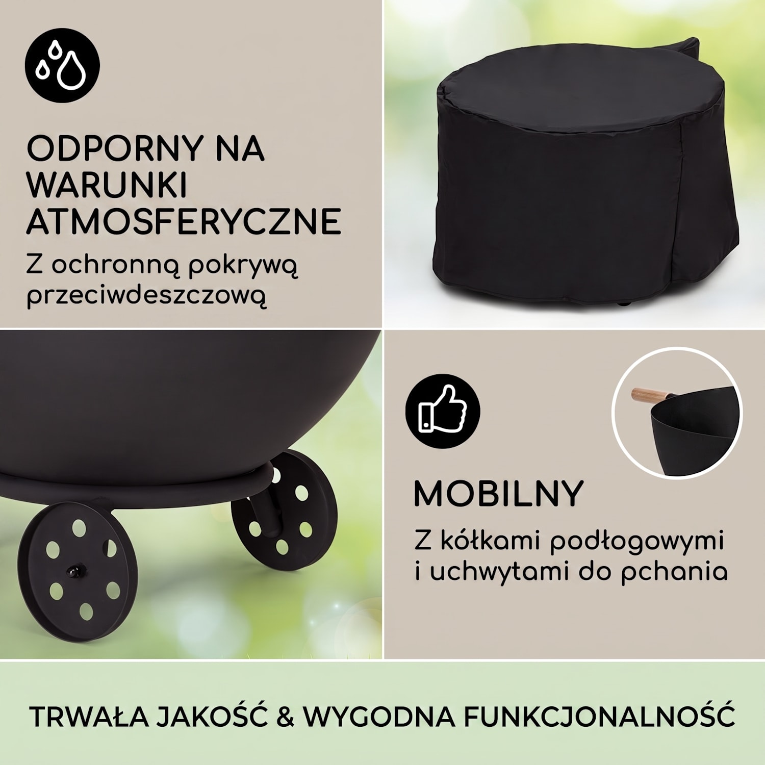Fireball Egon, palenisko ogrodowe, Ø 66 cm, stal, ruszt grillowy, pokrowiec przeciwdeszczowy niski z kołami | Stal | Czarny