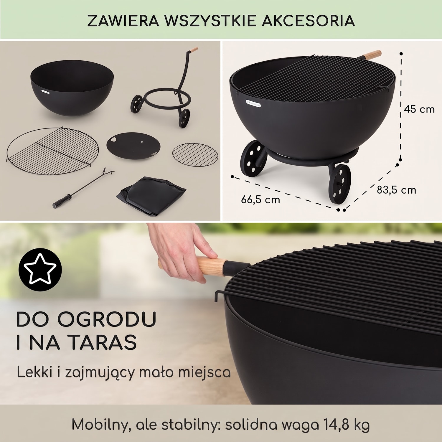 Fireball Egon, palenisko ogrodowe, Ø 66 cm, stal, ruszt grillowy, pokrowiec przeciwdeszczowy niski z kołami | Stal | Czarny