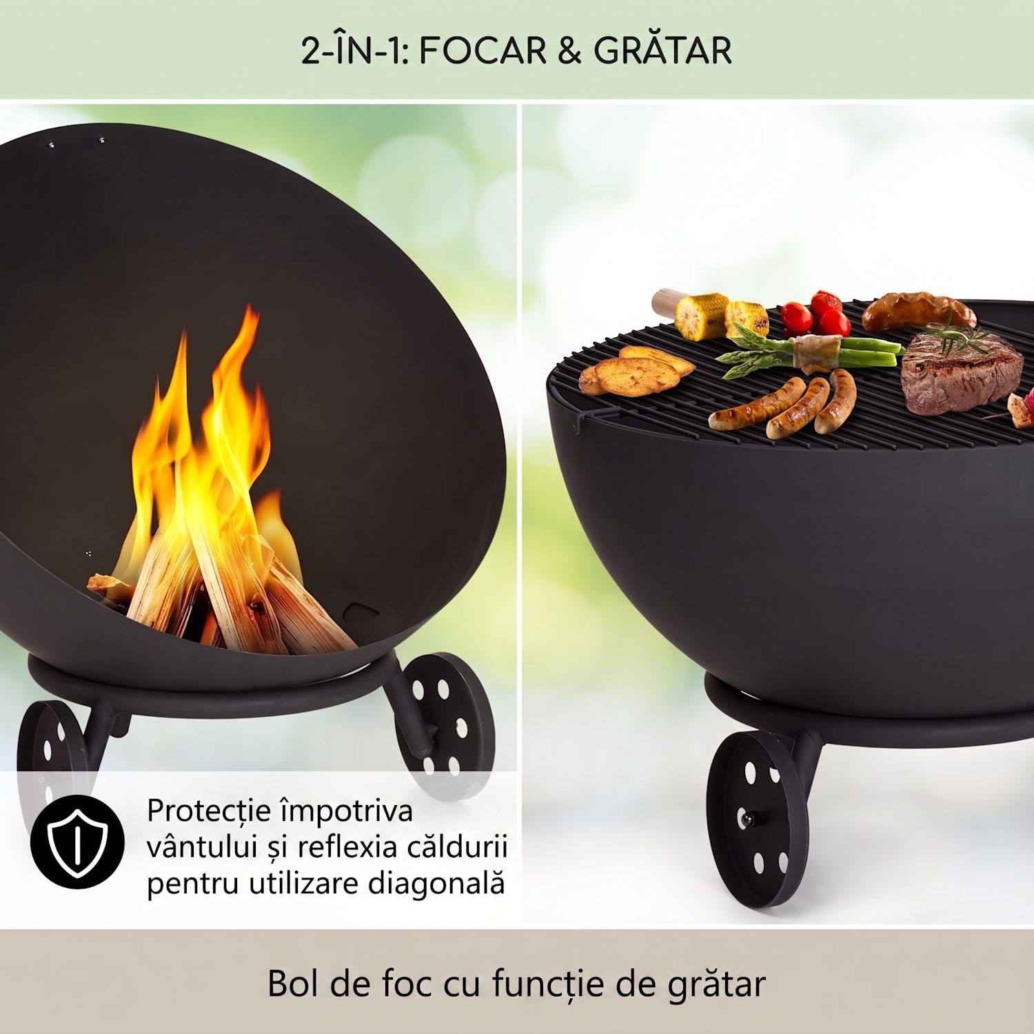 Fireball Egon, castron de foc din oțel pentru grădină sau terasă Ø 66 cm capac pentru grătar joasă cu roți | Oțel | Negru