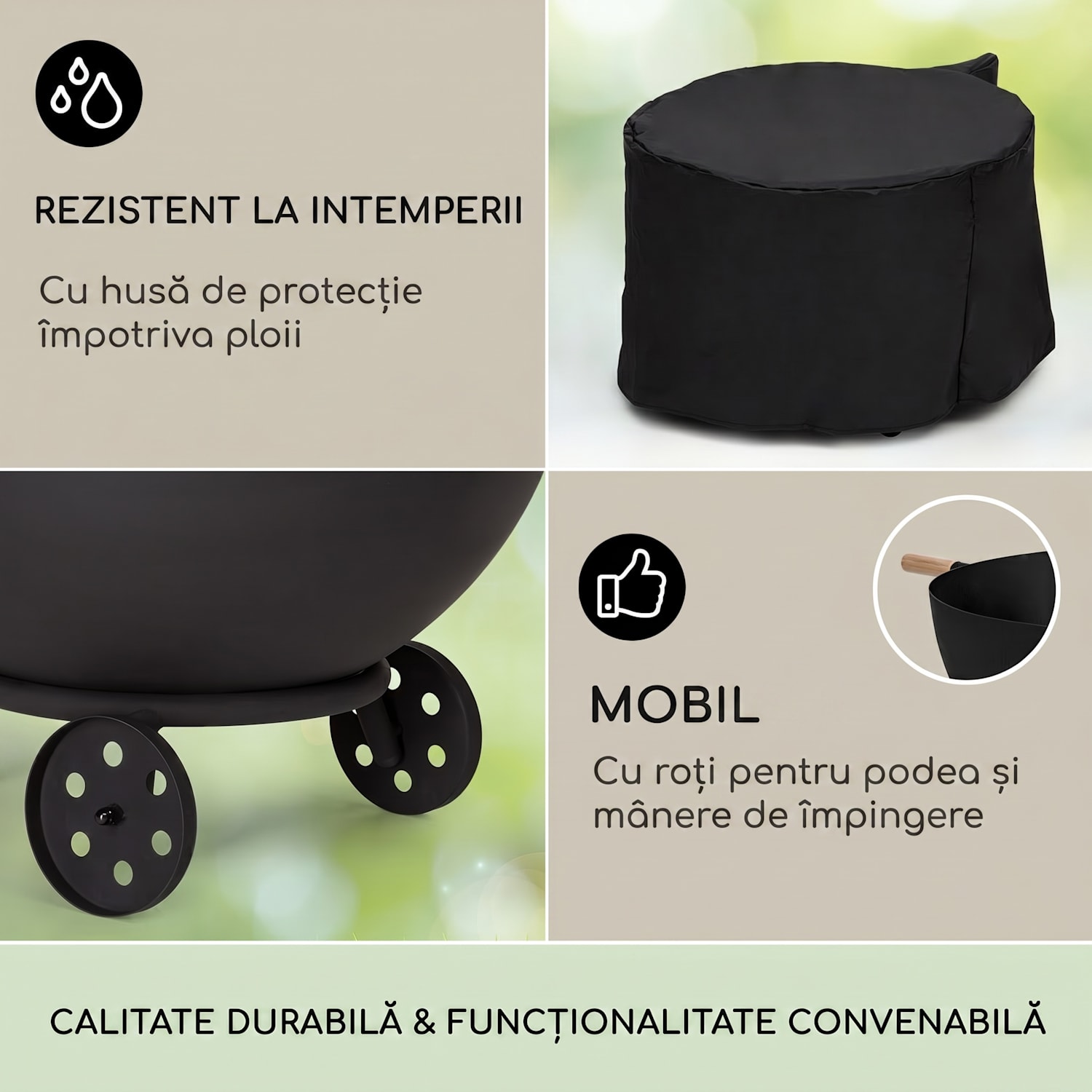 Fireball Egon, castron de foc din oțel pentru grădină sau terasă Ø 66 cm capac pentru grătar joasă cu roți | Oțel | Negru
