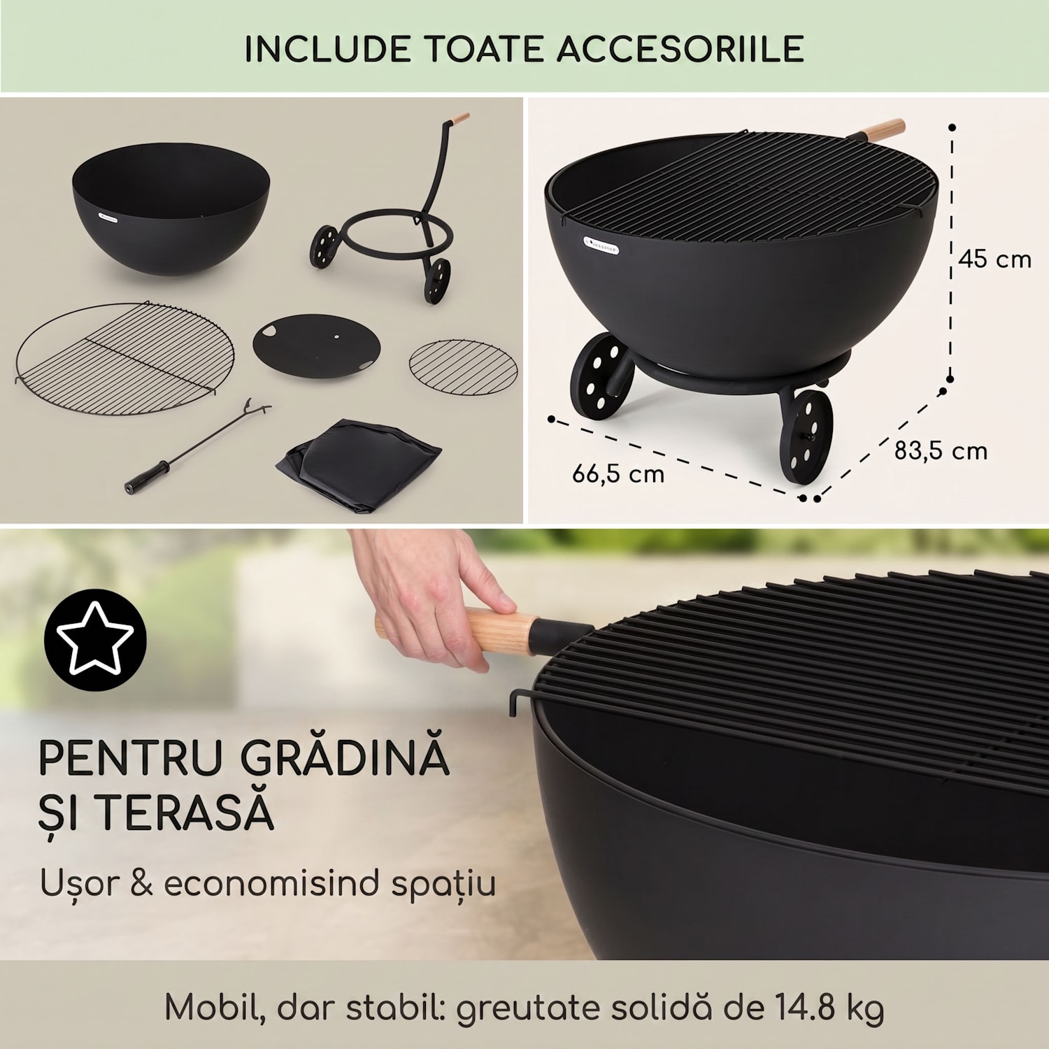 Fireball Egon, castron de foc din oțel pentru grădină sau terasă Ø 66 cm capac pentru grătar joasă cu roți | Oțel | Negru