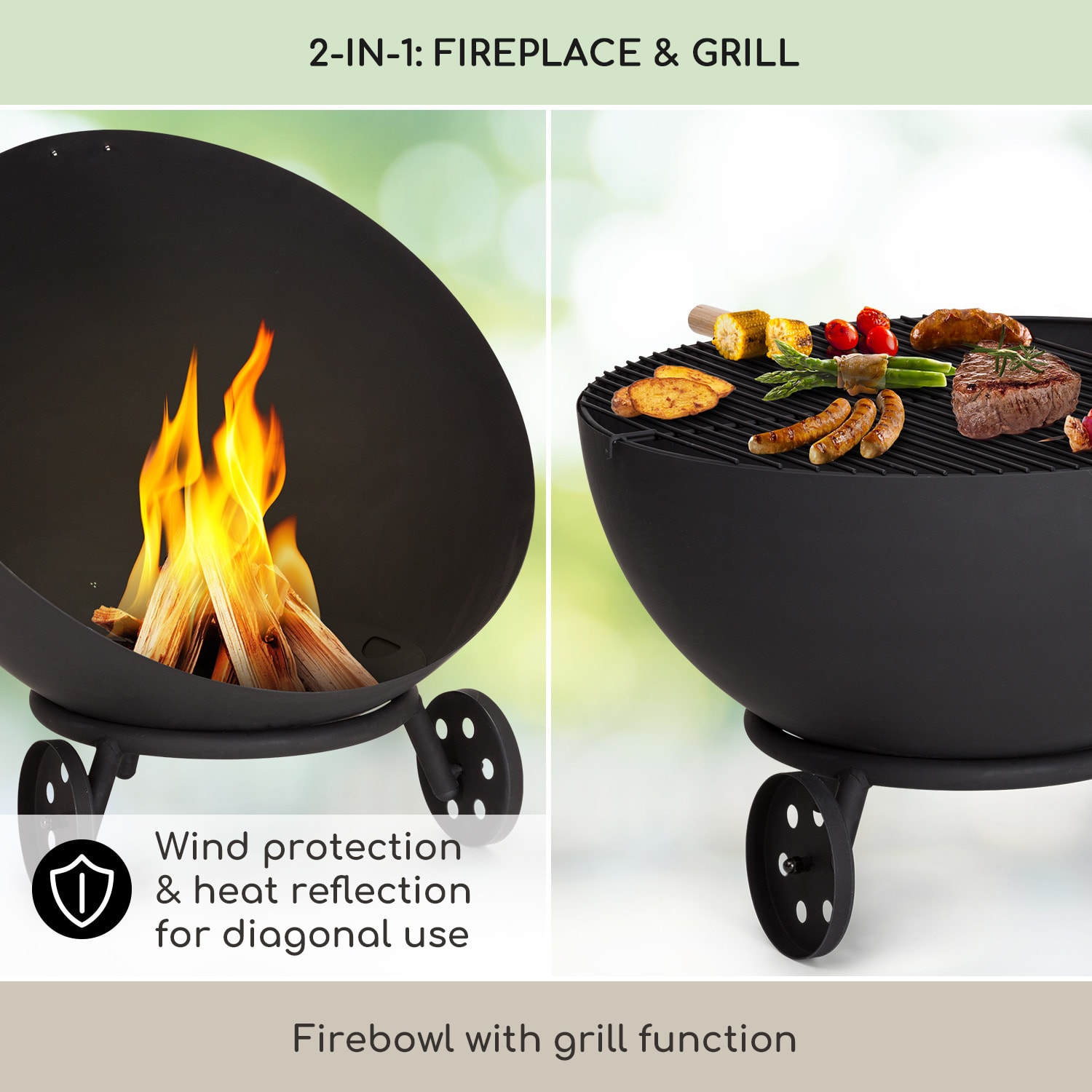 Fireball Egon, ohnisko, oceľ, do záhrady alebo na terasu, Ø 66 cm, kryt na gril nízka s kolesami | Oceľ | Čierna