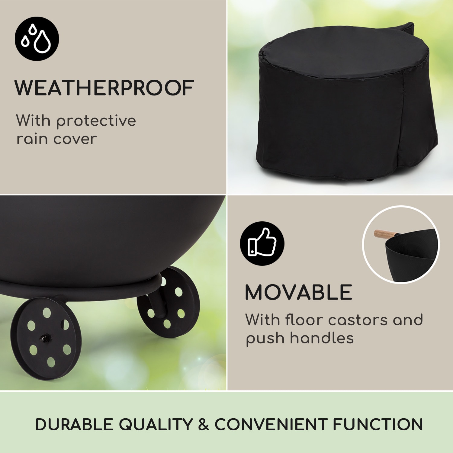 Fireball Egon, ohnisko, oceľ, do záhrady alebo na terasu, Ø 66 cm, kryt na gril nízka s kolesami | Oceľ | Čierna