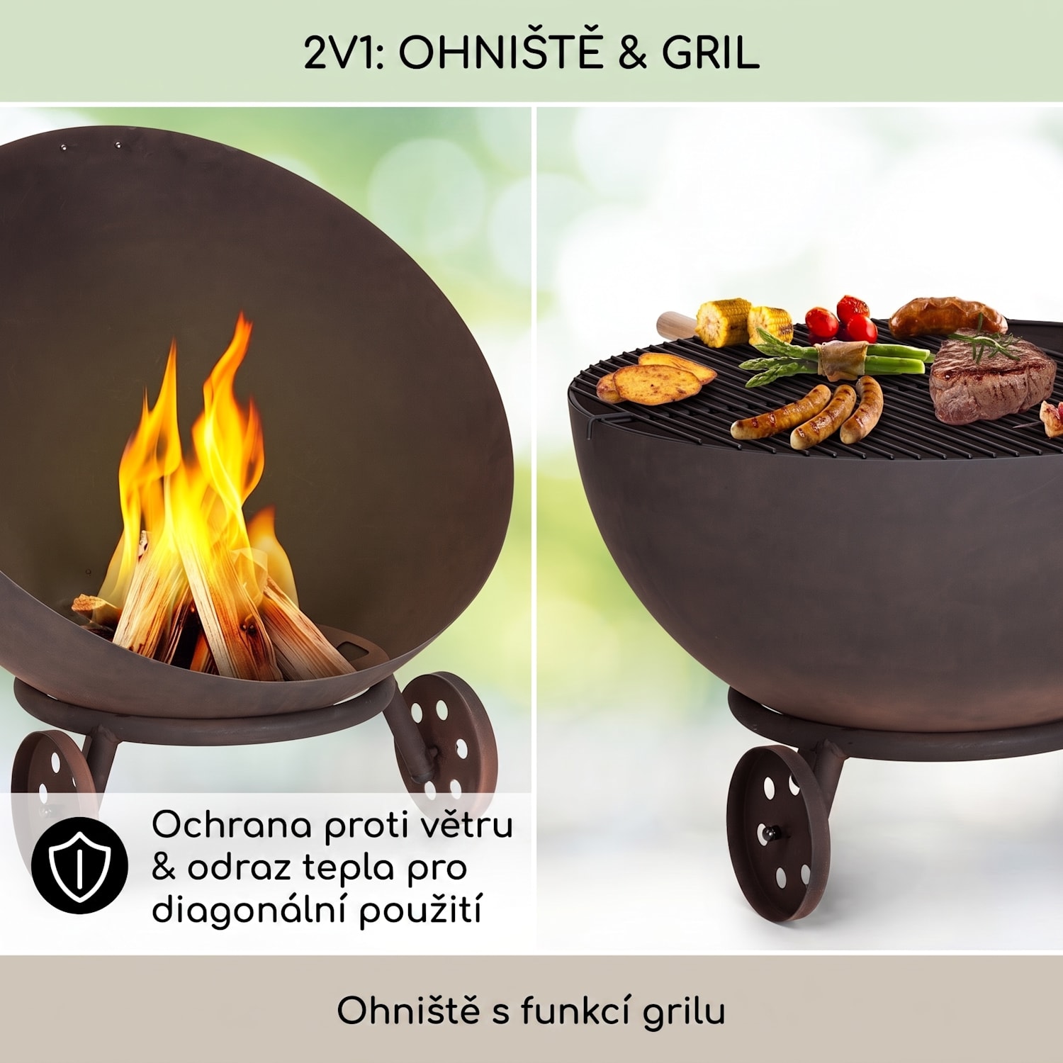Fireball Egon, ohniště, Ø 66 cm, na zahradu či terasu, ochranný kryt, ocel nízké s koly | Ocel | Rez
