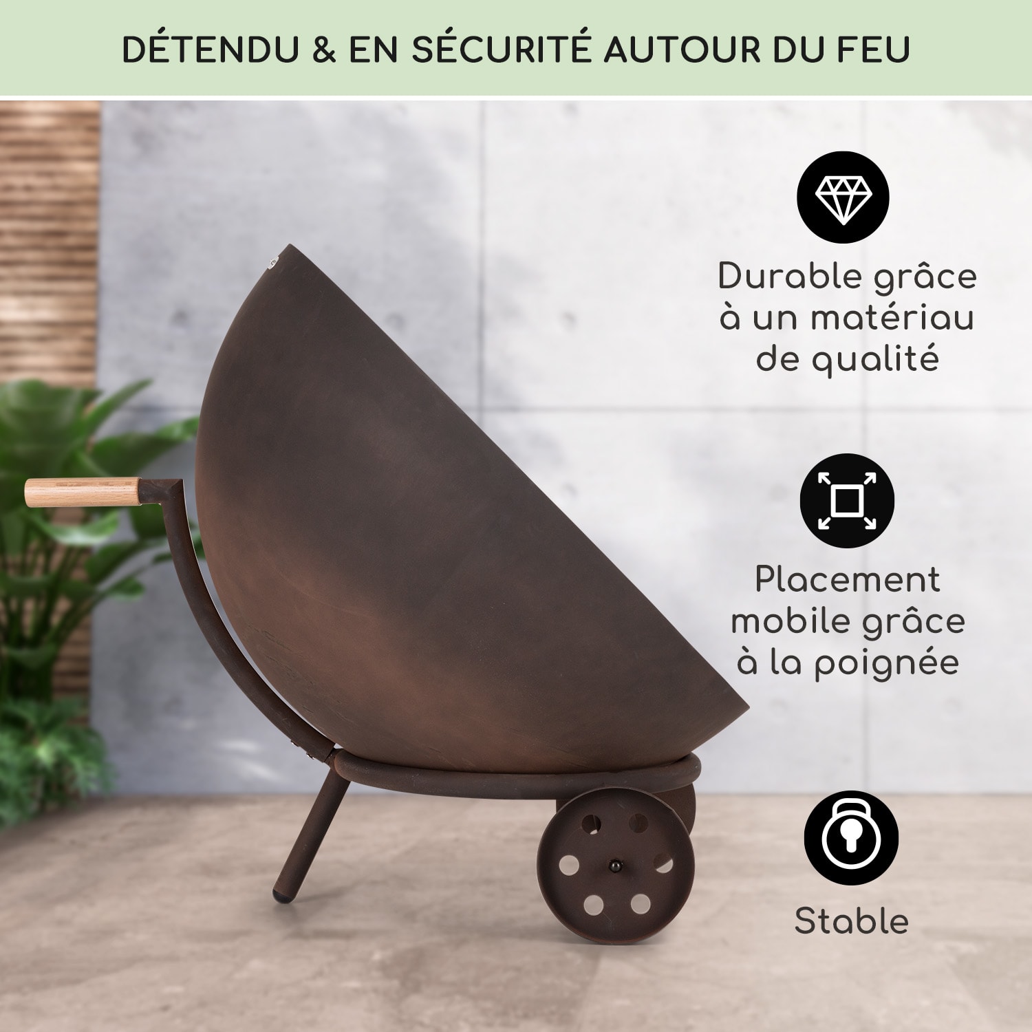 Fireball Egon acier - brasero de jardin Ø66cm avec protection contre la pluie pour barbecue bas avec roues | Acier | Rouille