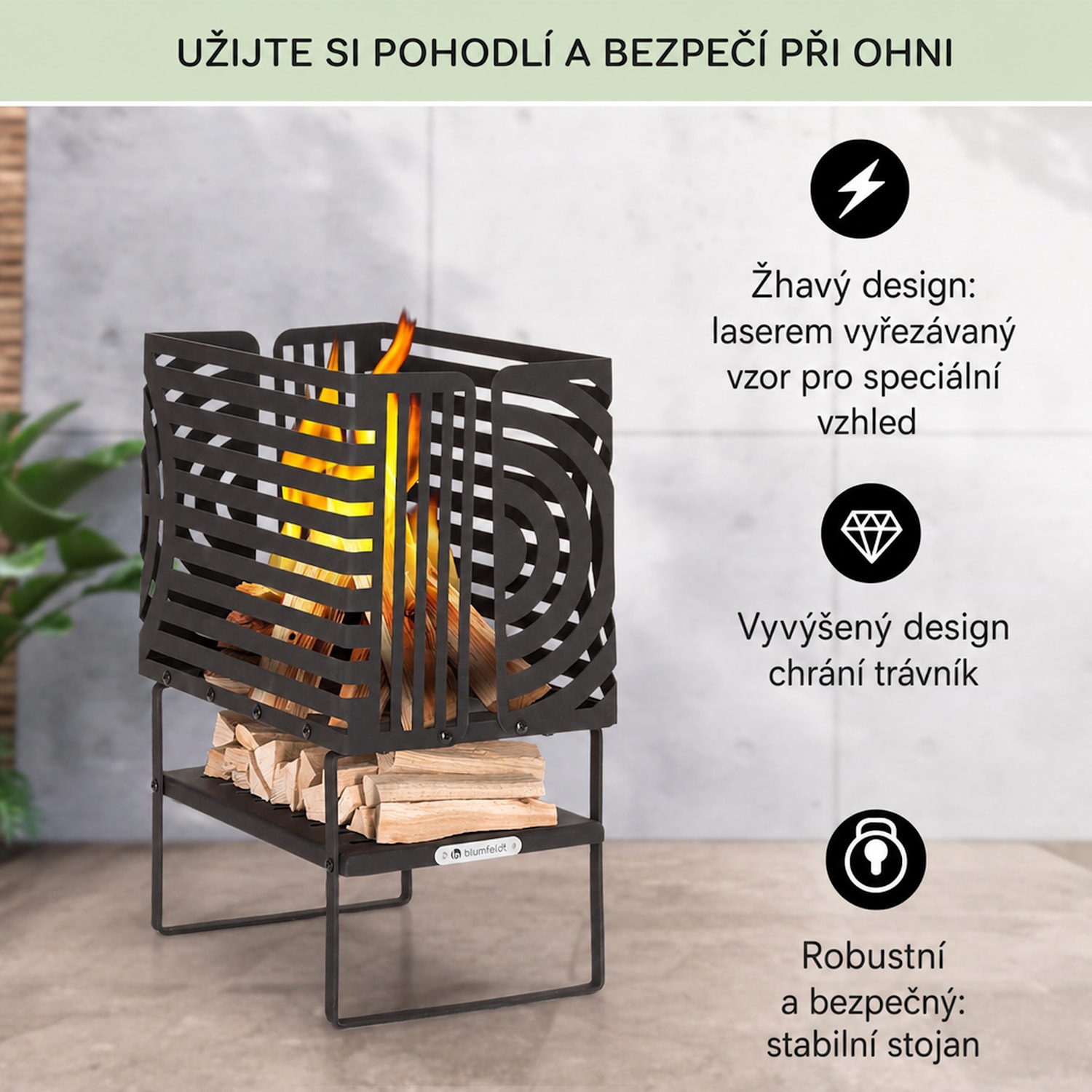 Krakatoa, ohniště, masivní ocel, přihrádka na dřevo, laserem řezaný design Small