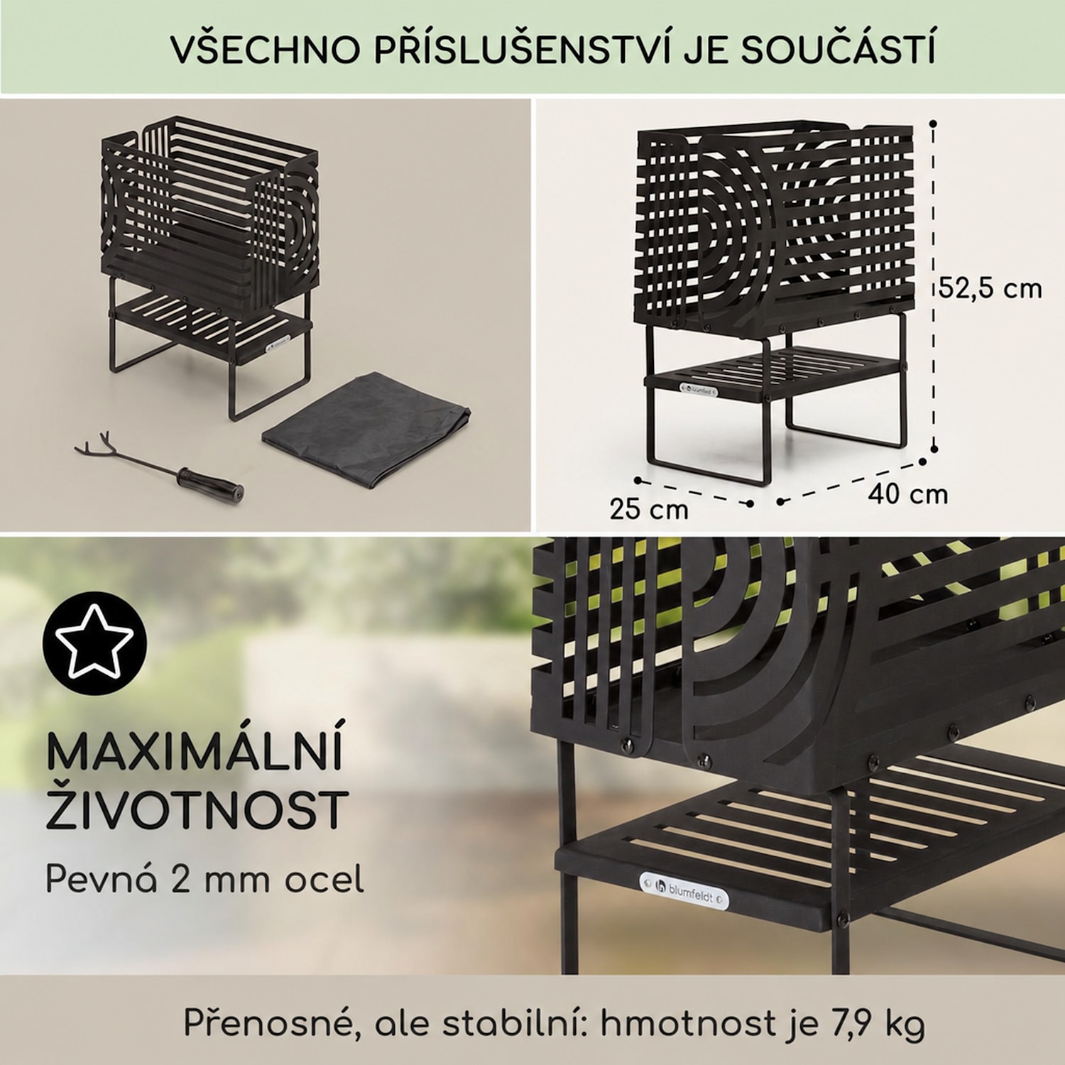 Krakatoa, ohniště, masivní ocel, přihrádka na dřevo, laserem řezaný design Small