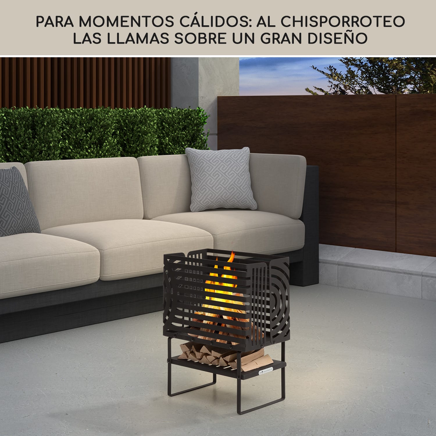 Cuenco para fuego Krakatoa de acero macizo bandeja de madera diseño cortado a láser   Small