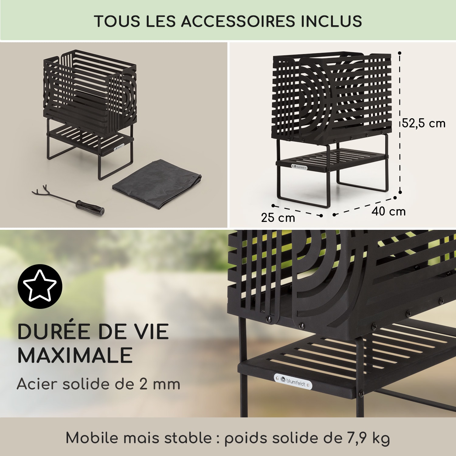 Krakatoa Braséro étagère en bois en acier massif avec découpes laser  