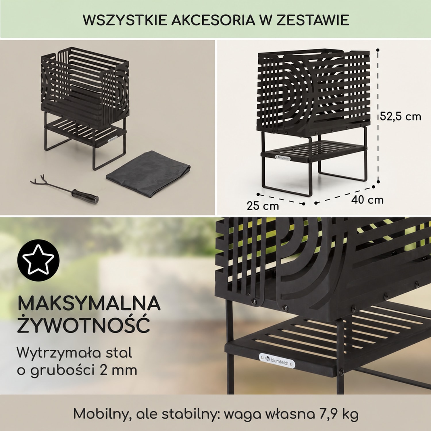 Krakatoa, palenisko ogrodowe, kosz paleniskowy, solidna stal, schowek na drewno, wzór wycinany laserowo Small