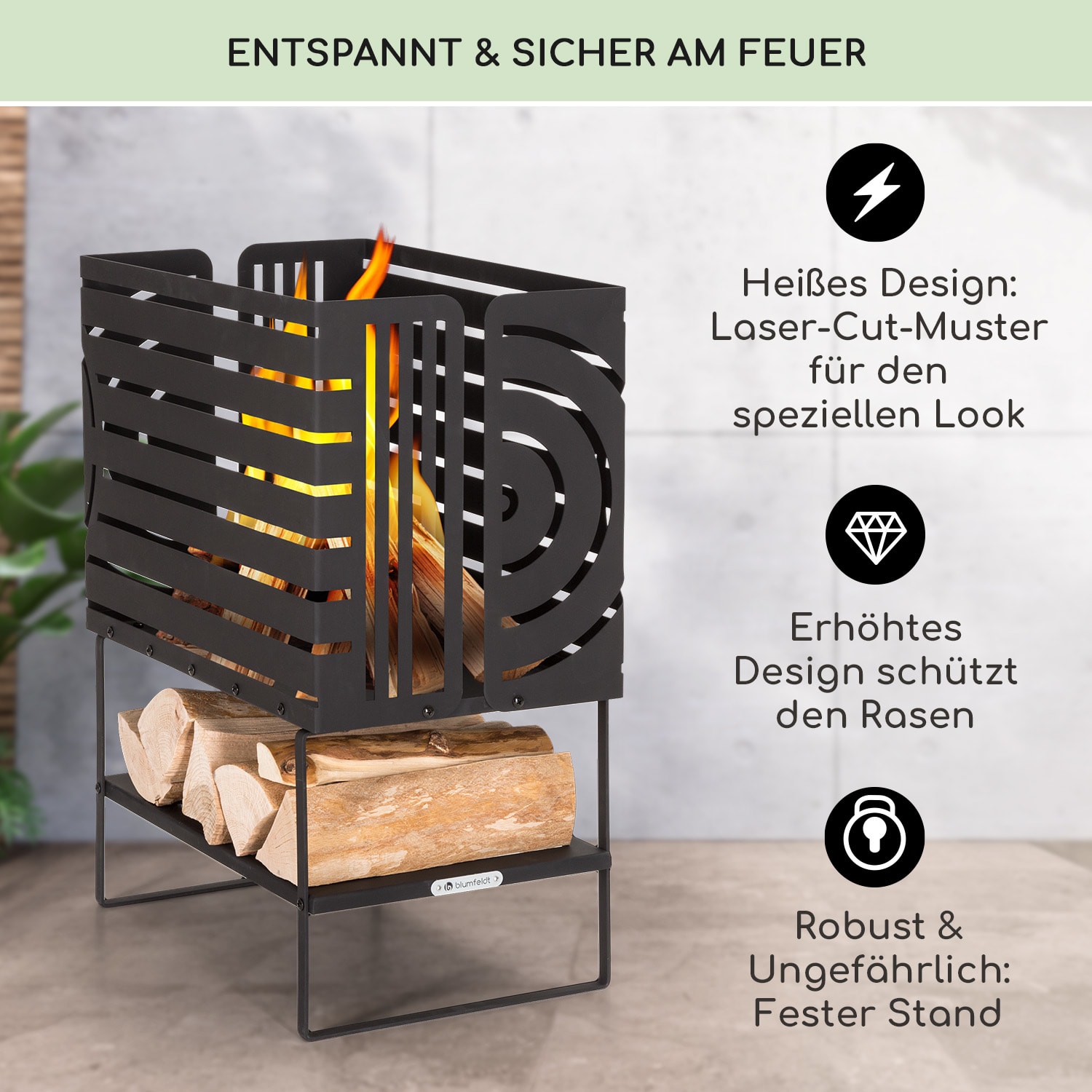 Krakatoa Feuerkorb solider Stahl Holzablage Laser-Cut-Design  Medium