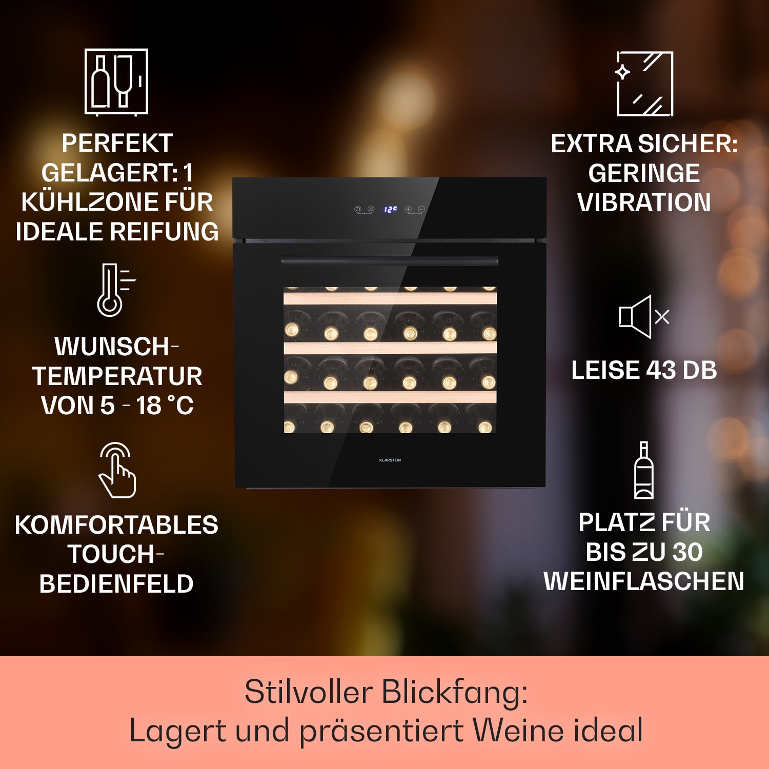 Vinsider 30 Built-In Uno Einbau-Weinkühlschrank 30 Flaschen 77 Ltr Edelstahl 30 Flaschen | 1 Kühlzone | Schwarz