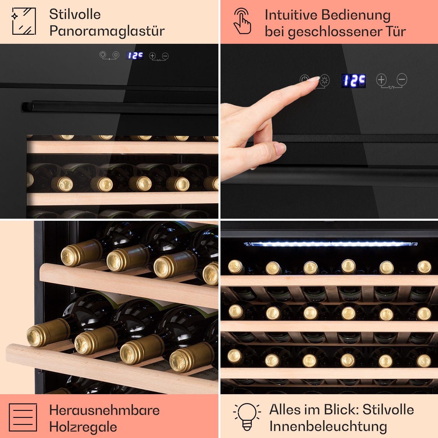 Vinsider 30 Built-In Uno Einbau-Weinkühlschrank 30 Flaschen 77 Ltr Edelstahl 30 Flaschen | 1 Kühlzone | Schwarz