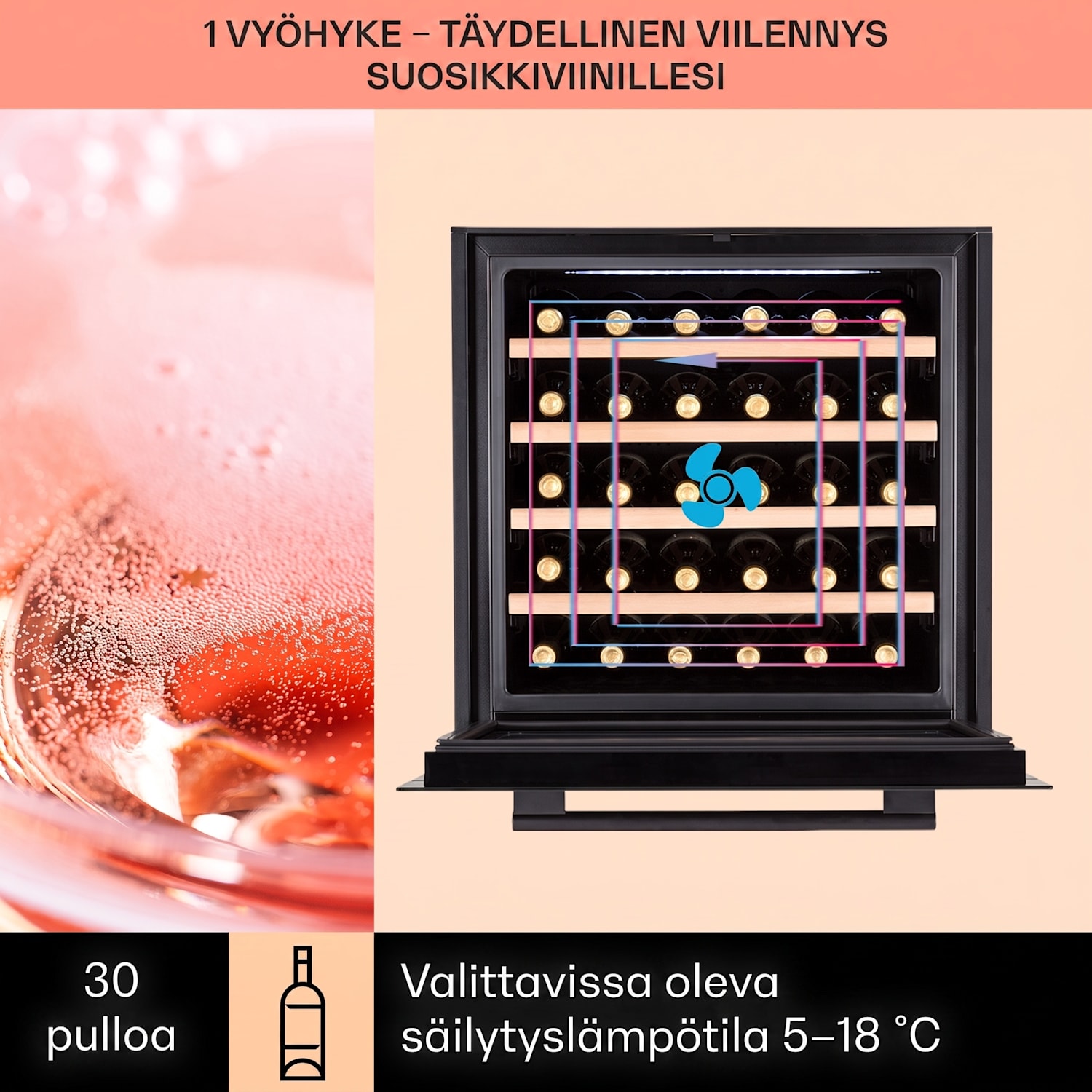 Vinsider 30 Built-In Uno -viinikaappi integroitava 30 pullolle 77 l ruostumaton teräs 30 pulloa | 1 jäähdytysalue | Musta