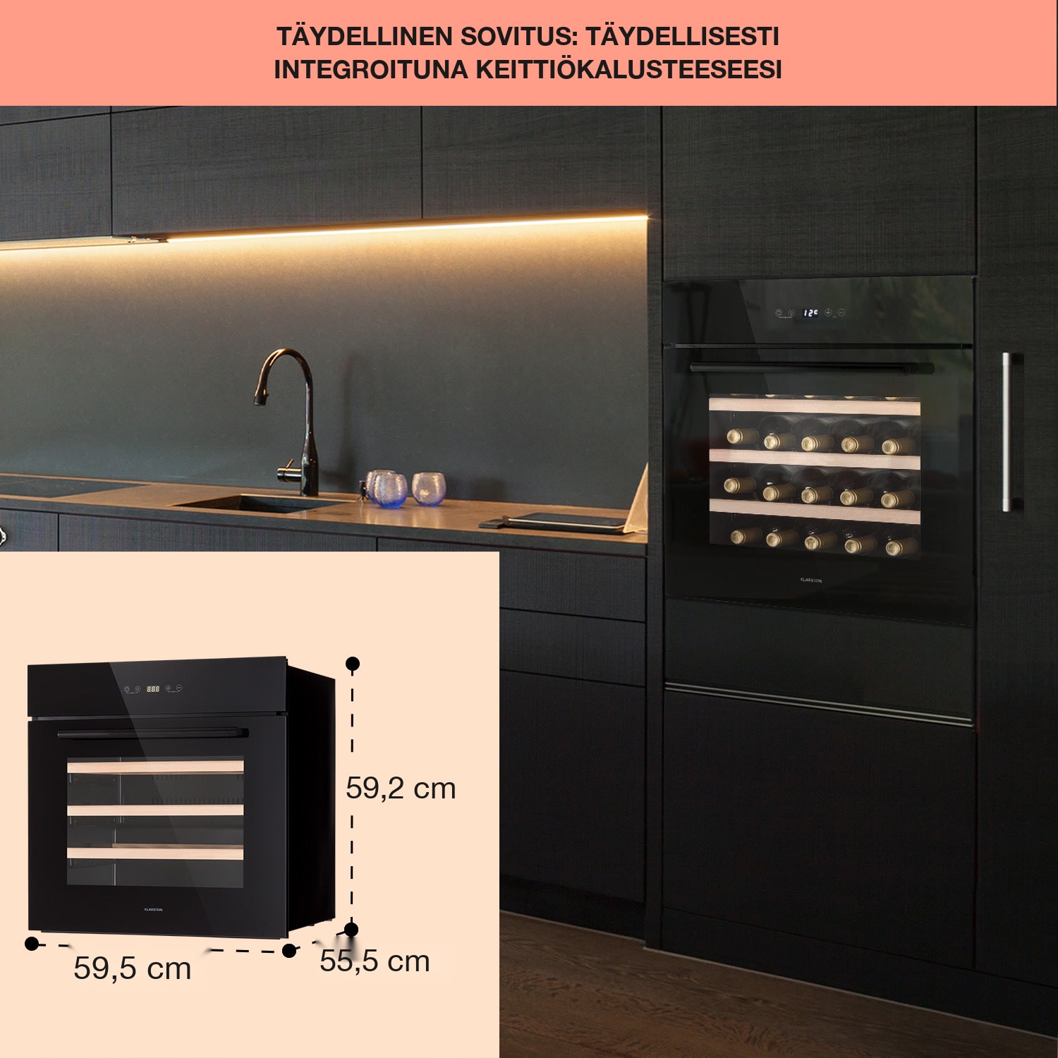 Vinsider 30 Built-In Uno -viinikaappi integroitava 30 pullolle 77 l ruostumaton teräs 30 pulloa | 1 jäähdytysalue | Musta