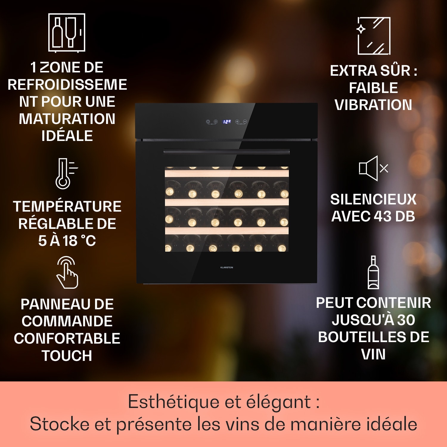 Vinsider 30 Built-In Uno inbouw wijnkoelkast 30 flessen 77 liter roestvrij staal 30 flessen | 1 koelzone | Zwart