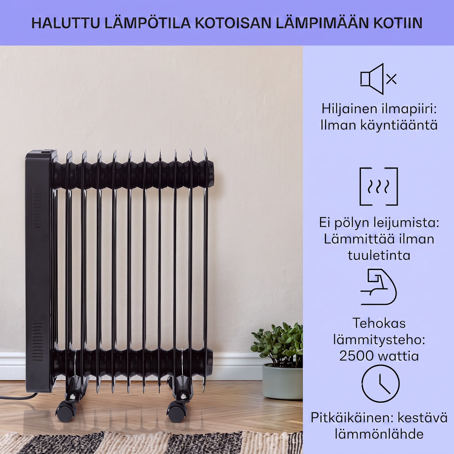 Sanford Smart -öljytäytteinen lämmitys 2500 W teho viikkoajastin LED-näyttö kosketuspaneeli Klarstein-sovellus Musta