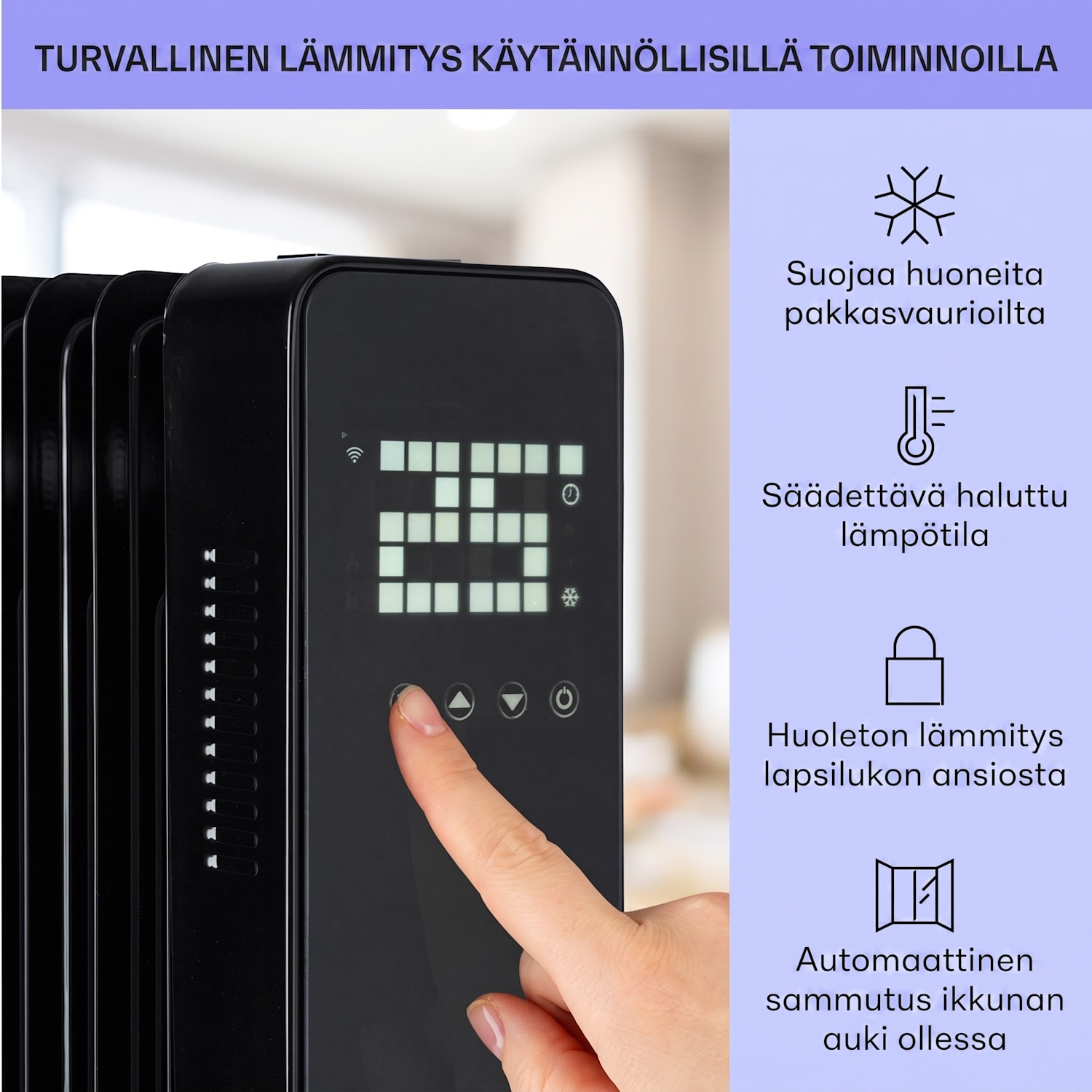 Sanford Smart -öljytäytteinen lämmitys 2500 W teho viikkoajastin LED-näyttö kosketuspaneeli Klarstein-sovellus Musta