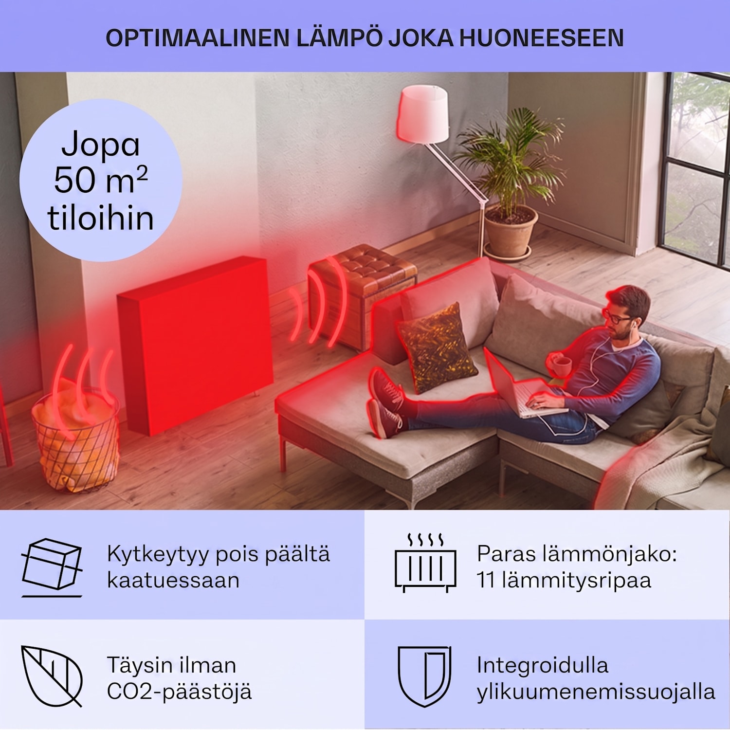 Sanford Smart -öljytäytteinen lämmitys 2500 W teho viikkoajastin LED-näyttö kosketuspaneeli Klarstein-sovellus Musta