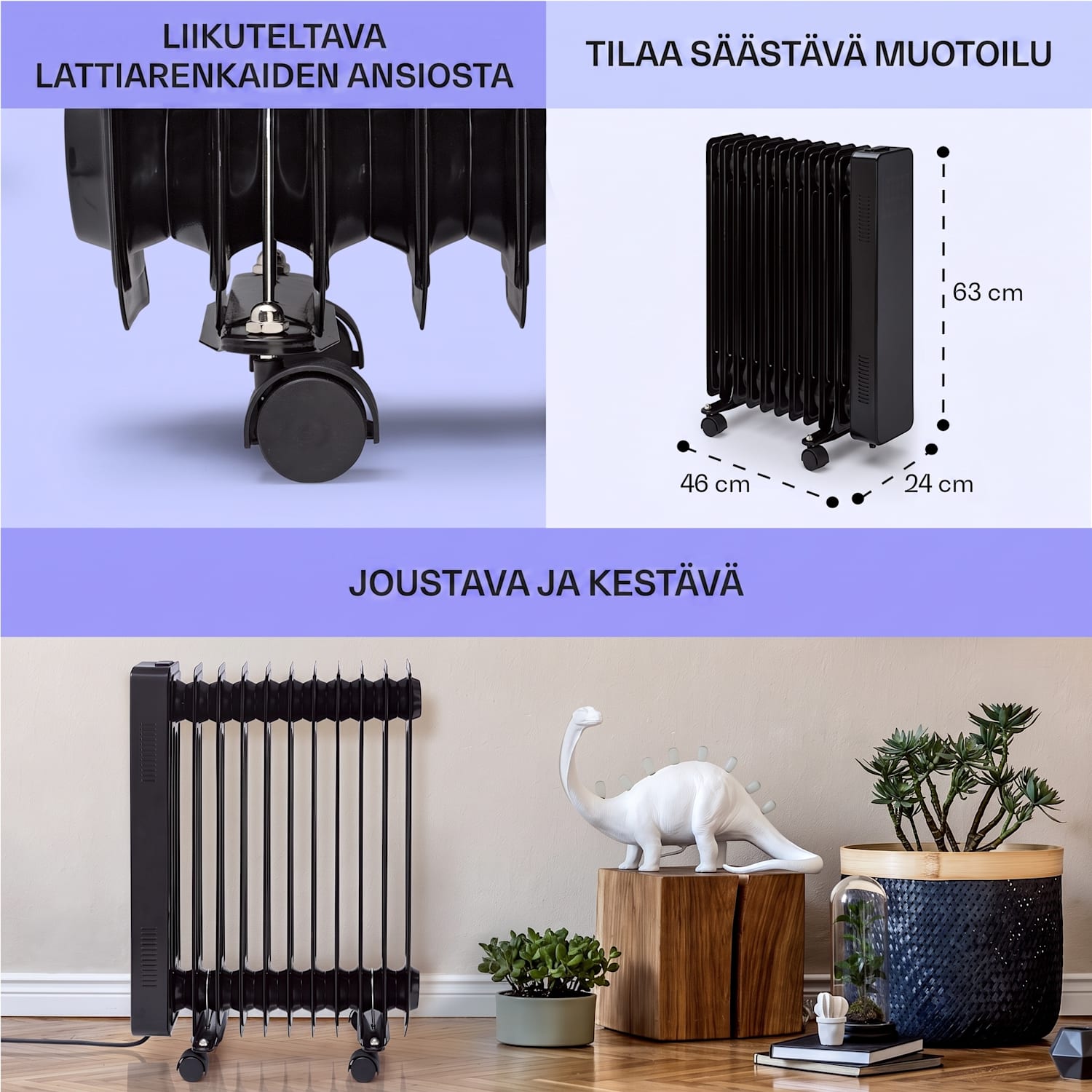 Sanford Smart -öljytäytteinen lämmitys 2500 W teho viikkoajastin LED-näyttö kosketuspaneeli Klarstein-sovellus Musta