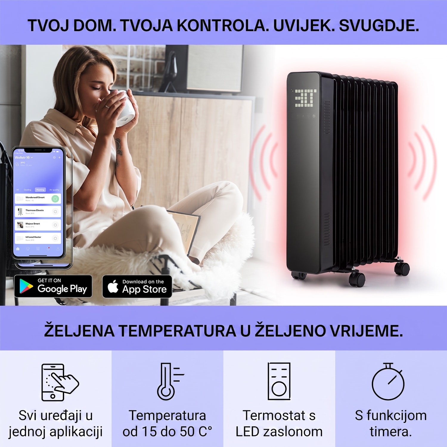 Sanford Smart, uljni radijator, snaga 2500 W, tjedni timer, LED zaslon, touch panel, Klarstein aplikacija Crna