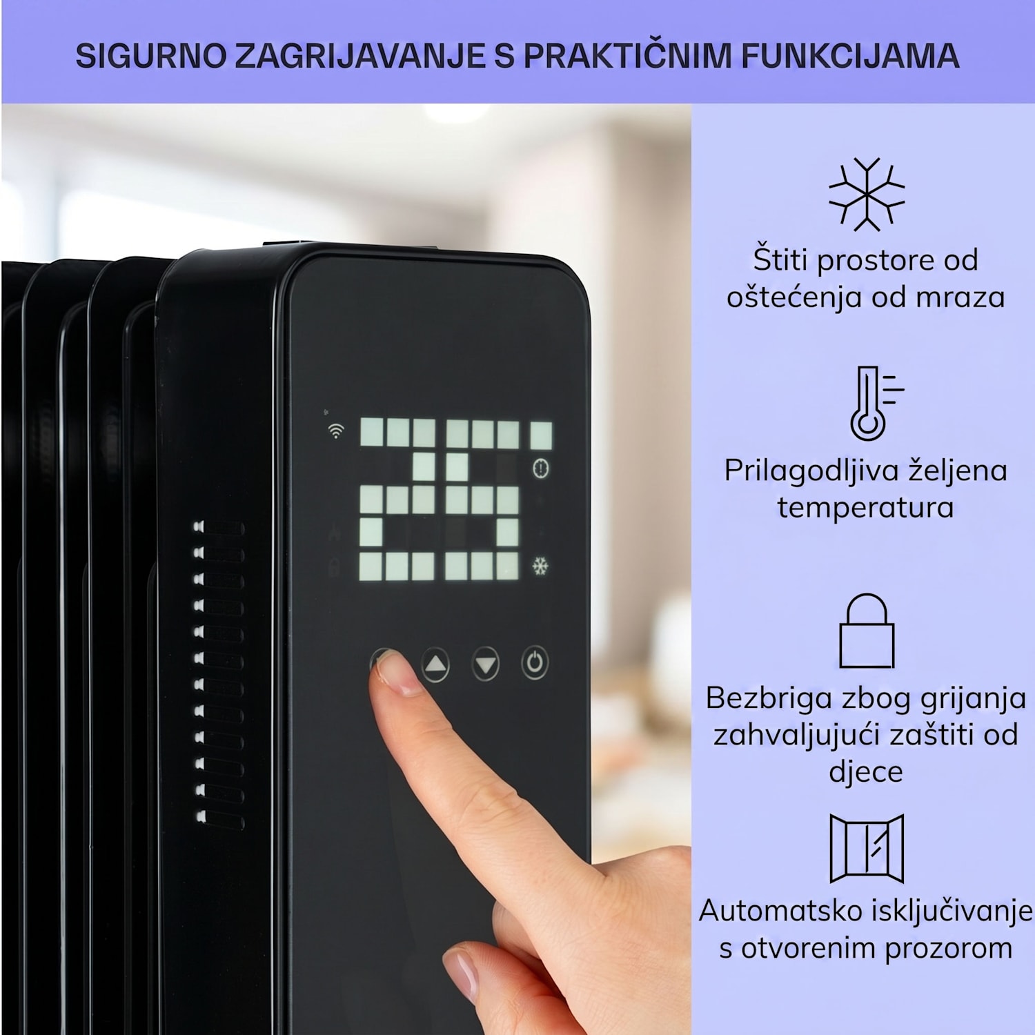 Sanford Smart, uljni radijator, snaga 2500 W, tjedni timer, LED zaslon, touch panel, Klarstein aplikacija Crna