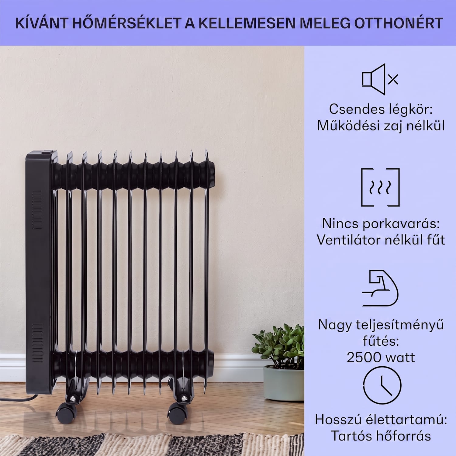 Sanford Smart, olajradiátor, 2500 W, heti időzítő, LED kijelző, érintőkijelző, Klarstein alkalmazás Fekete
