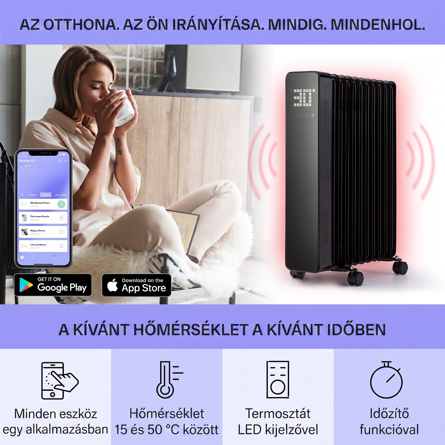 Sanford Smart, olajradiátor, 2500 W, heti időzítő, LED kijelző, érintőkijelző, Klarstein alkalmazás Fekete