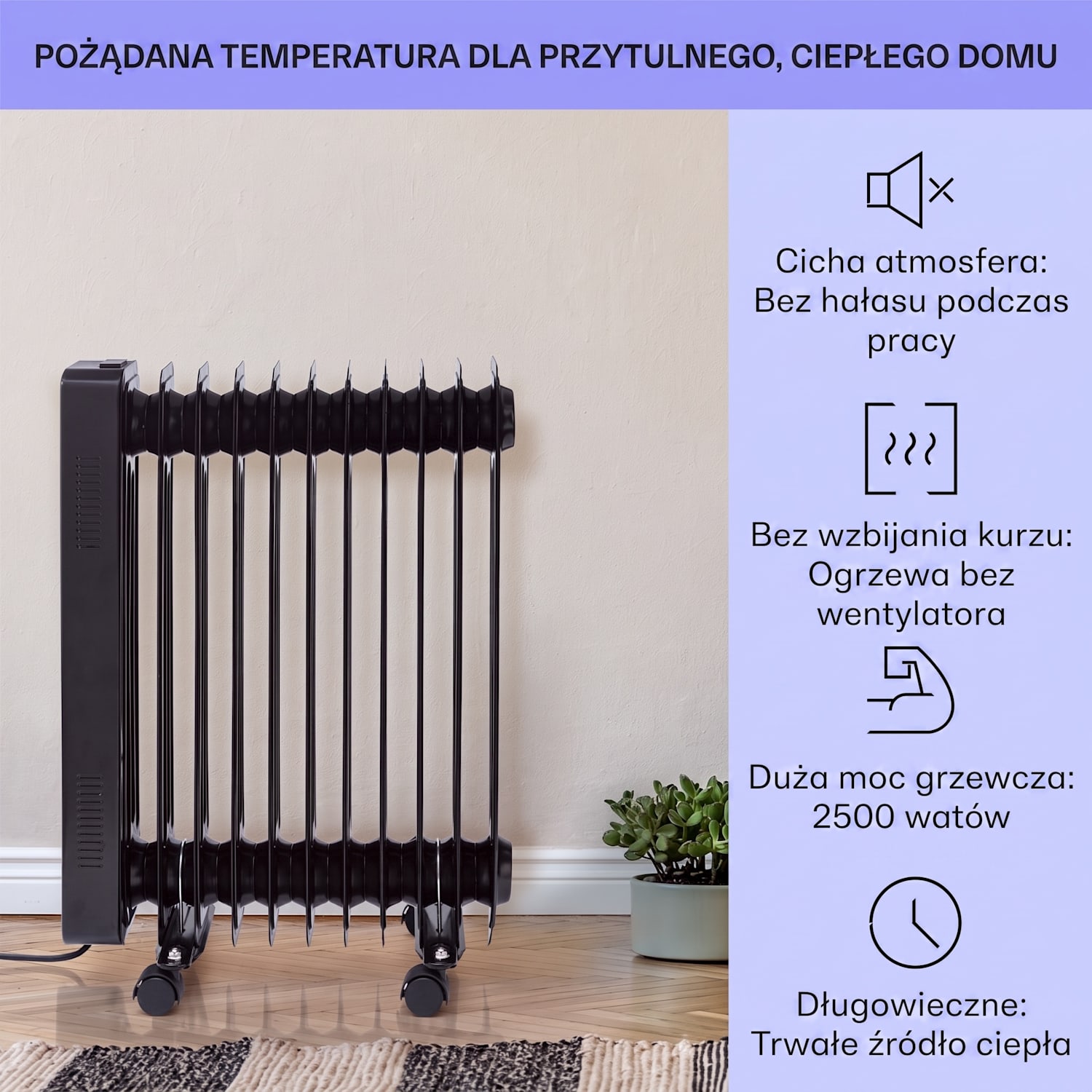 Sanford Smart, grzejnik olejowy, 2500 W, programator czasowy, wyświetlacz LED, panel dotykowy, aplikacja Klarstein Czarny