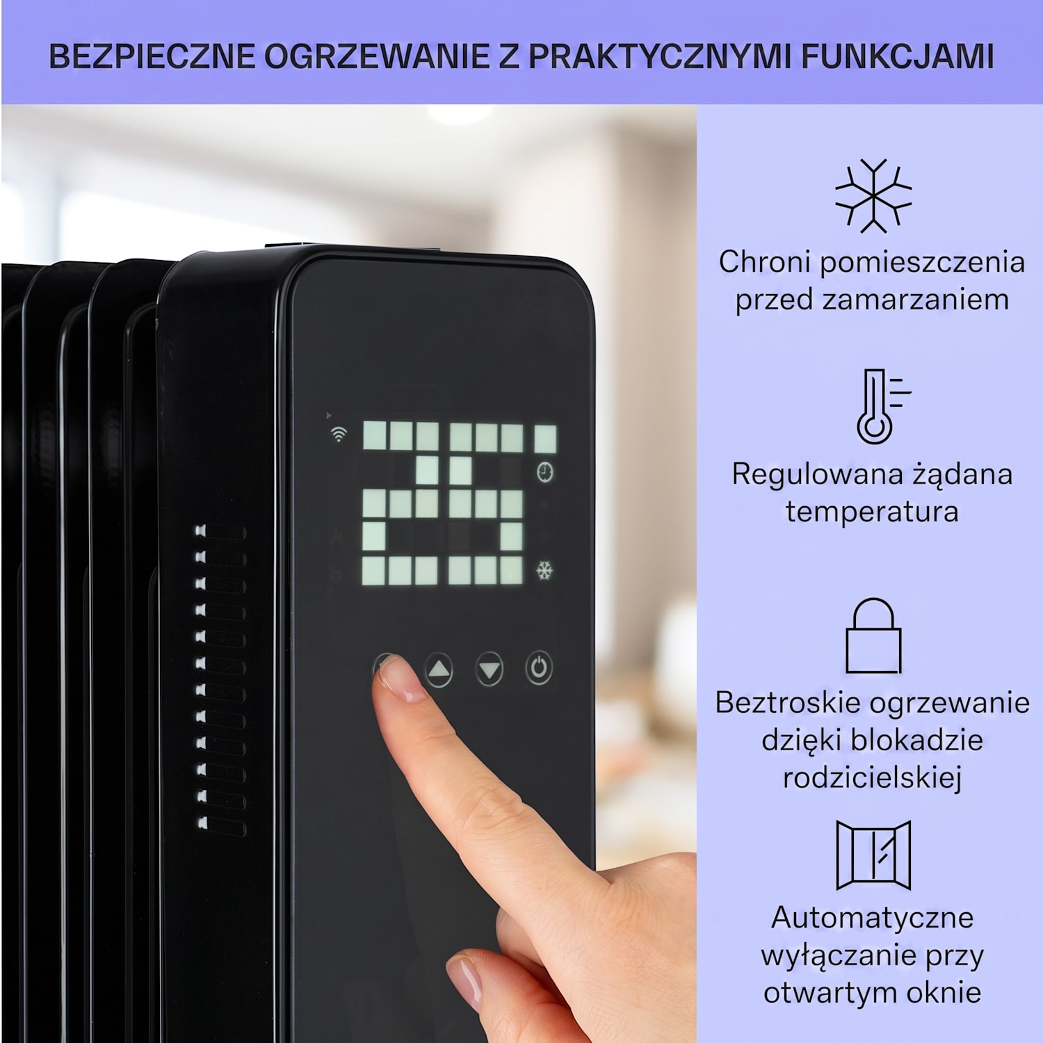Sanford Smart, grzejnik olejowy, 2500 W, programator czasowy, wyświetlacz LED, panel dotykowy, aplikacja Klarstein Czarny