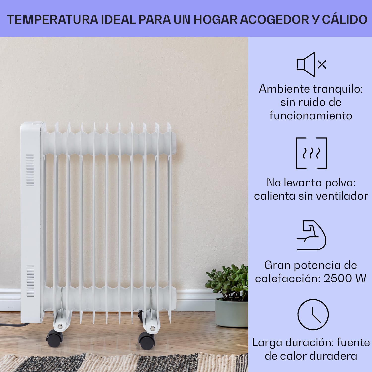 Radiador de aceite inteligente Sanford de 2500 W de potencia Temporizador semanal Pantalla LED Panel táctil Klarstein App Blanco