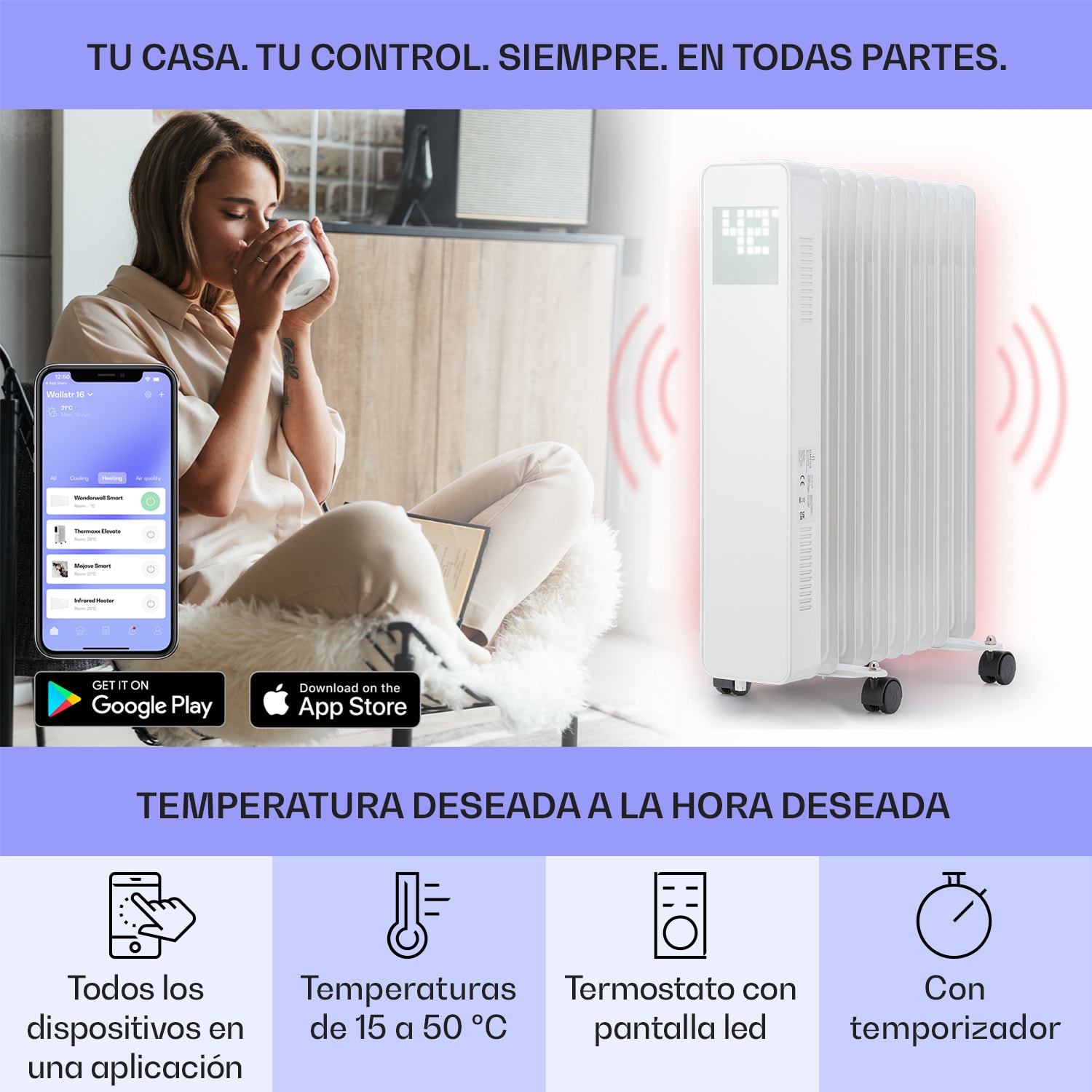 Radiador de aceite inteligente Sanford de 2500 W de potencia Temporizador semanal Pantalla LED Panel táctil Klarstein App Blanco