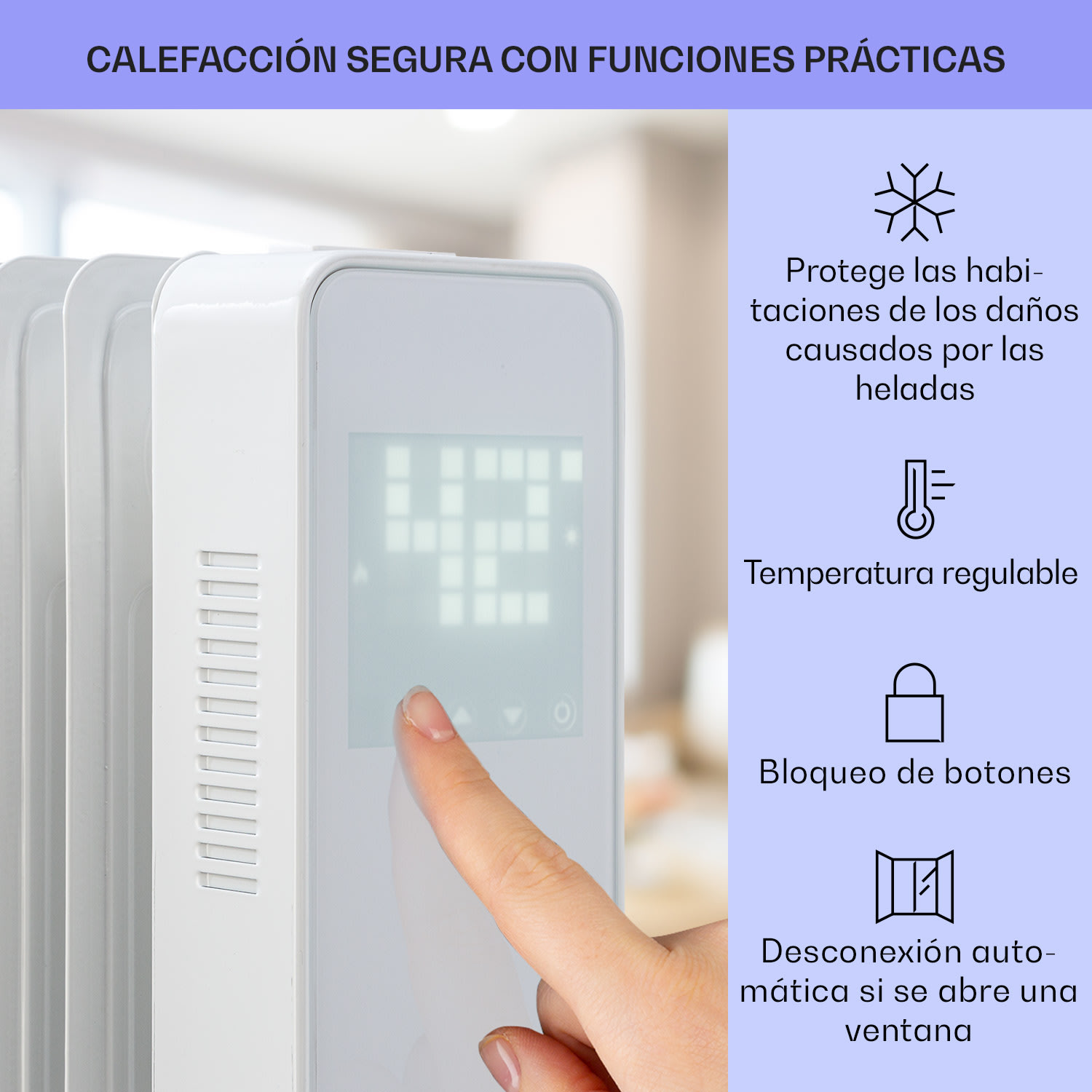 Radiador de aceite inteligente Sanford de 2500 W de potencia Temporizador semanal Pantalla LED Panel táctil Klarstein App Blanco