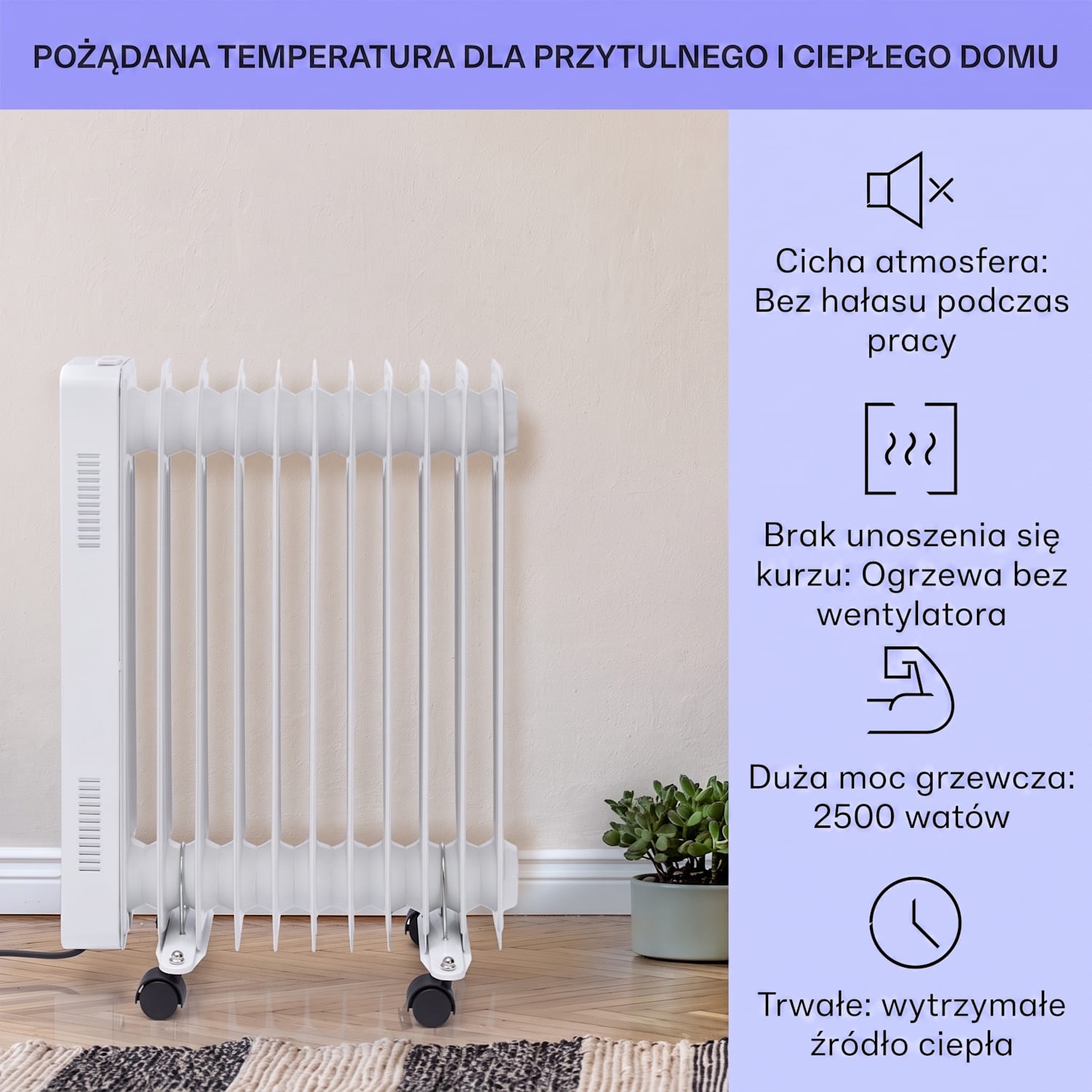 Sanford Smart, grzejnik olejowy, 2500 W, programator czasowy, wyświetlacz LED, panel dotykowy, aplikacja Klarstein Biały