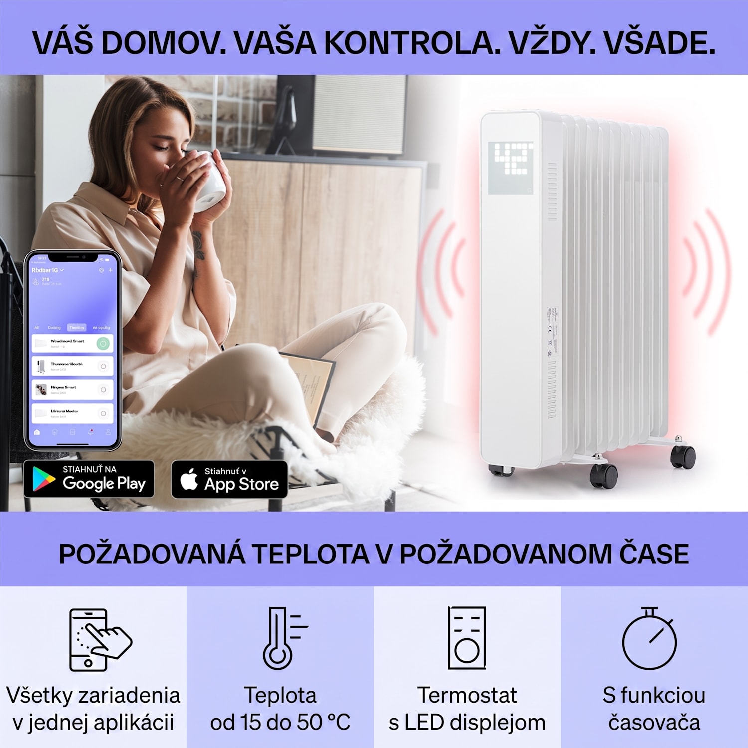 Sanford Smart, olejový radiátor, 2500 W, týždenný časovač, LED displej, dotykový panel, Klarstein aplikácia Biela