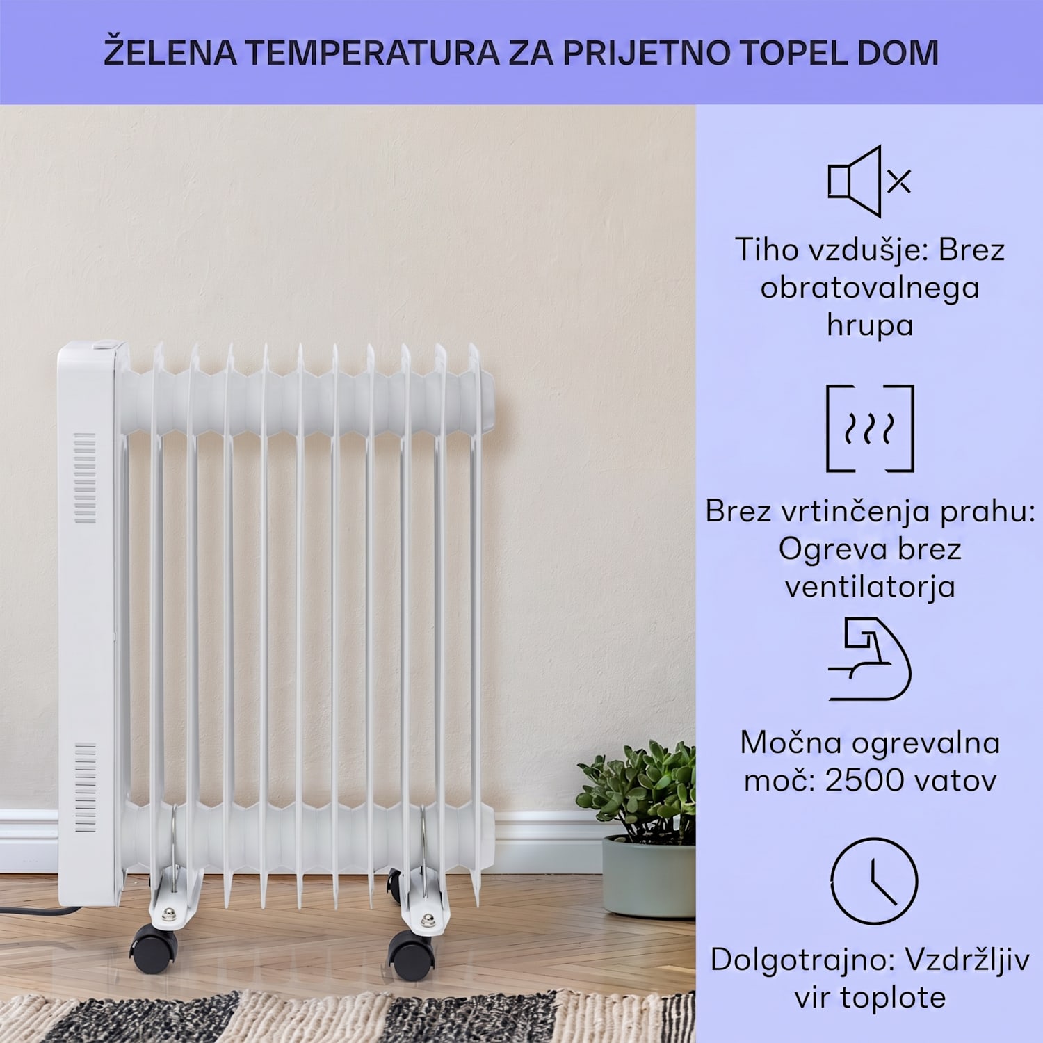 Sanford Smart, oljni radiator, moč 2500 W, tedenski časovnik, zaslon LED, nadzorna plošča na dotik, aplikacija Klarstein Bela