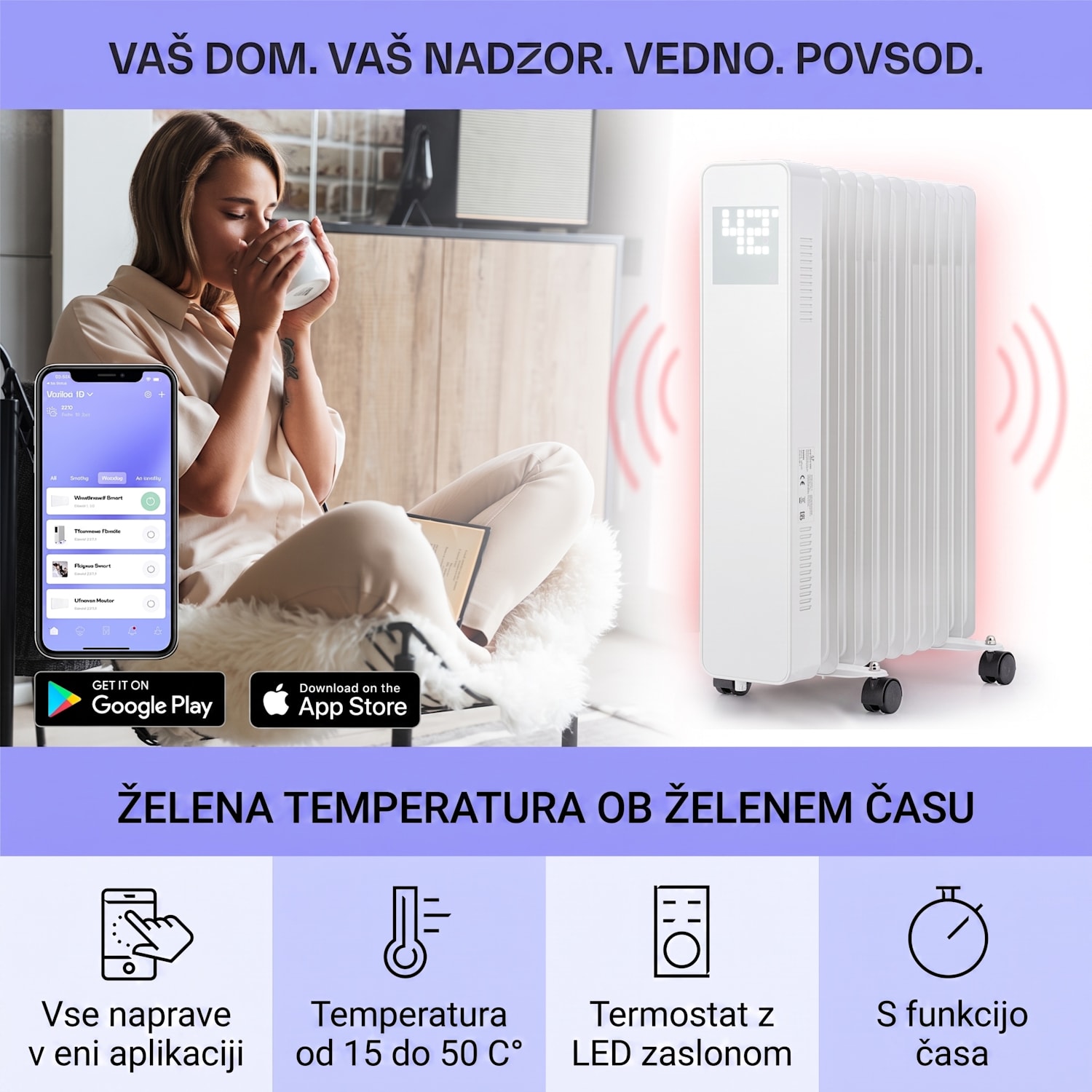 Sanford Smart, oljni radiator, moč 2500 W, tedenski časovnik, zaslon LED, nadzorna plošča na dotik, aplikacija Klarstein Bela