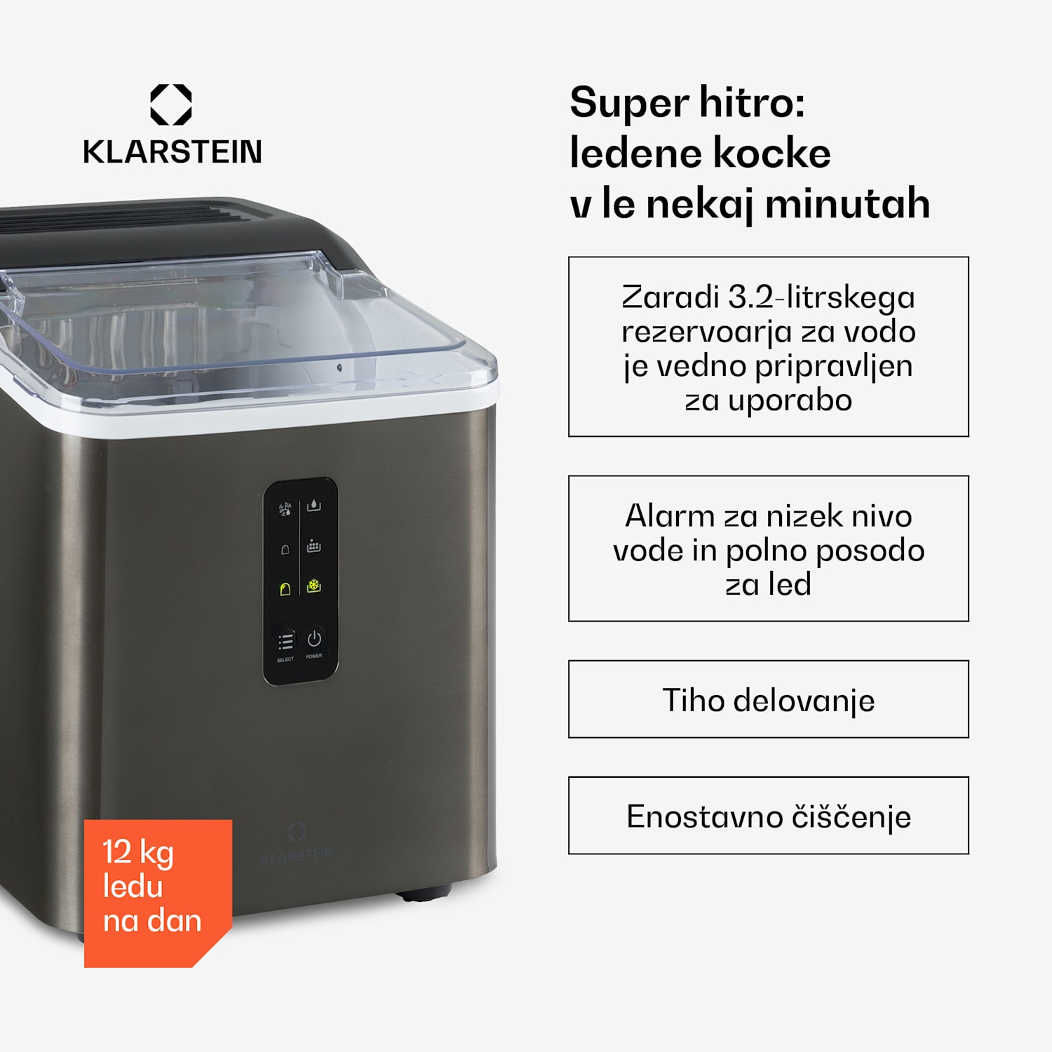 Albaron Supreme, aparat za ledene kocke, v obliki naboja, 12 kg / 24 h 1,5 litra Ohišje iz nerjavečega jekla 